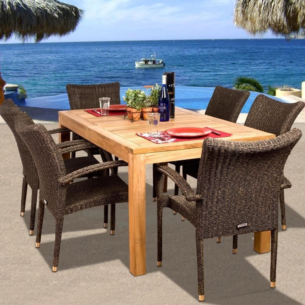 Amazonia Teak Brussels 6 Person Resin Wicker Patio Dining Set With Throughout Teak And Wicker Dining Sets (View 12 of 15)