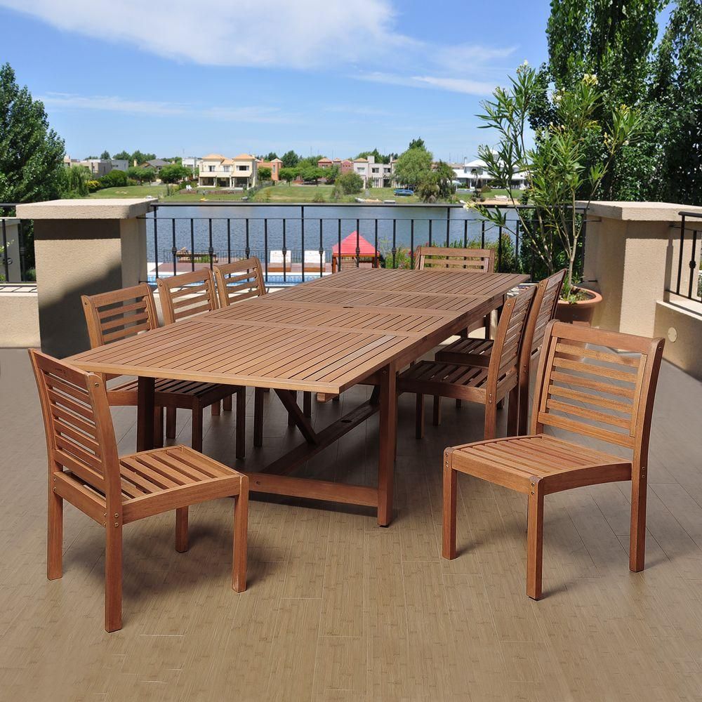 Amazonia Turner 9 Piece Eucalyptus Extendable Rectangular Patio Dining Intended For Extendable Oval Patio Dining Sets (View 14 of 15)