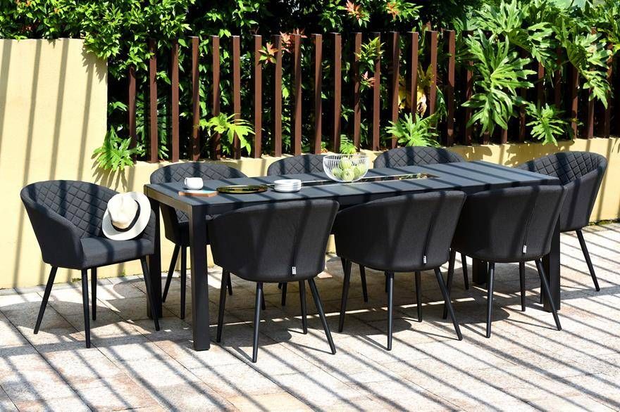 Ambition 8 Seater Set With Fire Pit Dining Table  Charcoal | Blue Inside Charcoal Fabric Patio Chair And Side Table (View 13 of 15)