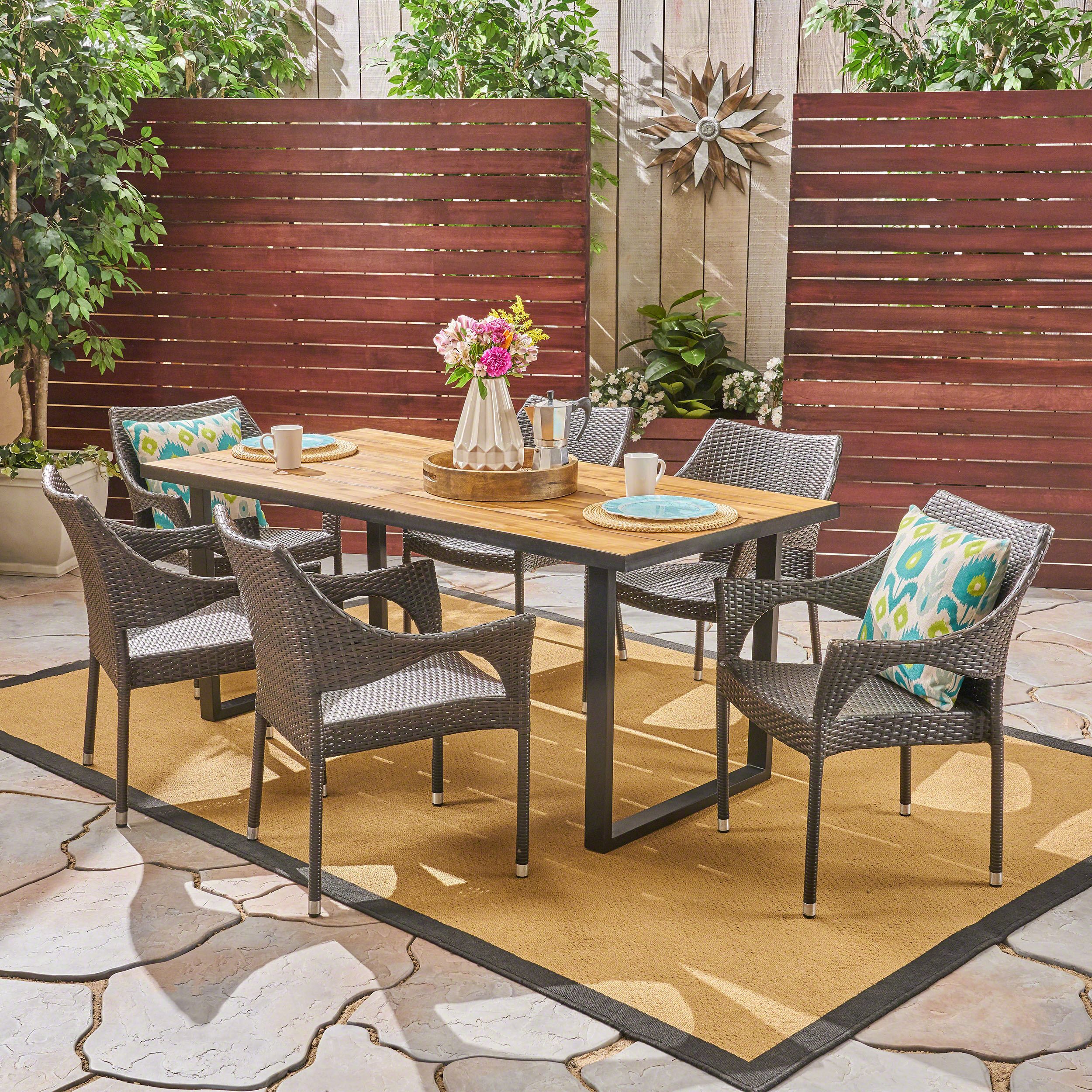 Andre Outdoor 7 Piece Rectangular Acacia Wood And Wicker Dining Set With Regard To Wood Rectangular Outdoor Dining Sets (View 1 of 15)