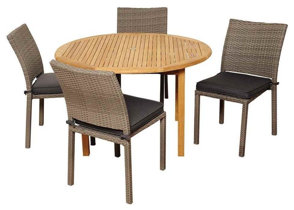 Anthony 5 Piece Teak And Wicker Round Patio Dining Set With Grey In Gray Wicker Round Patio Dining Sets (View 11 of 15)
