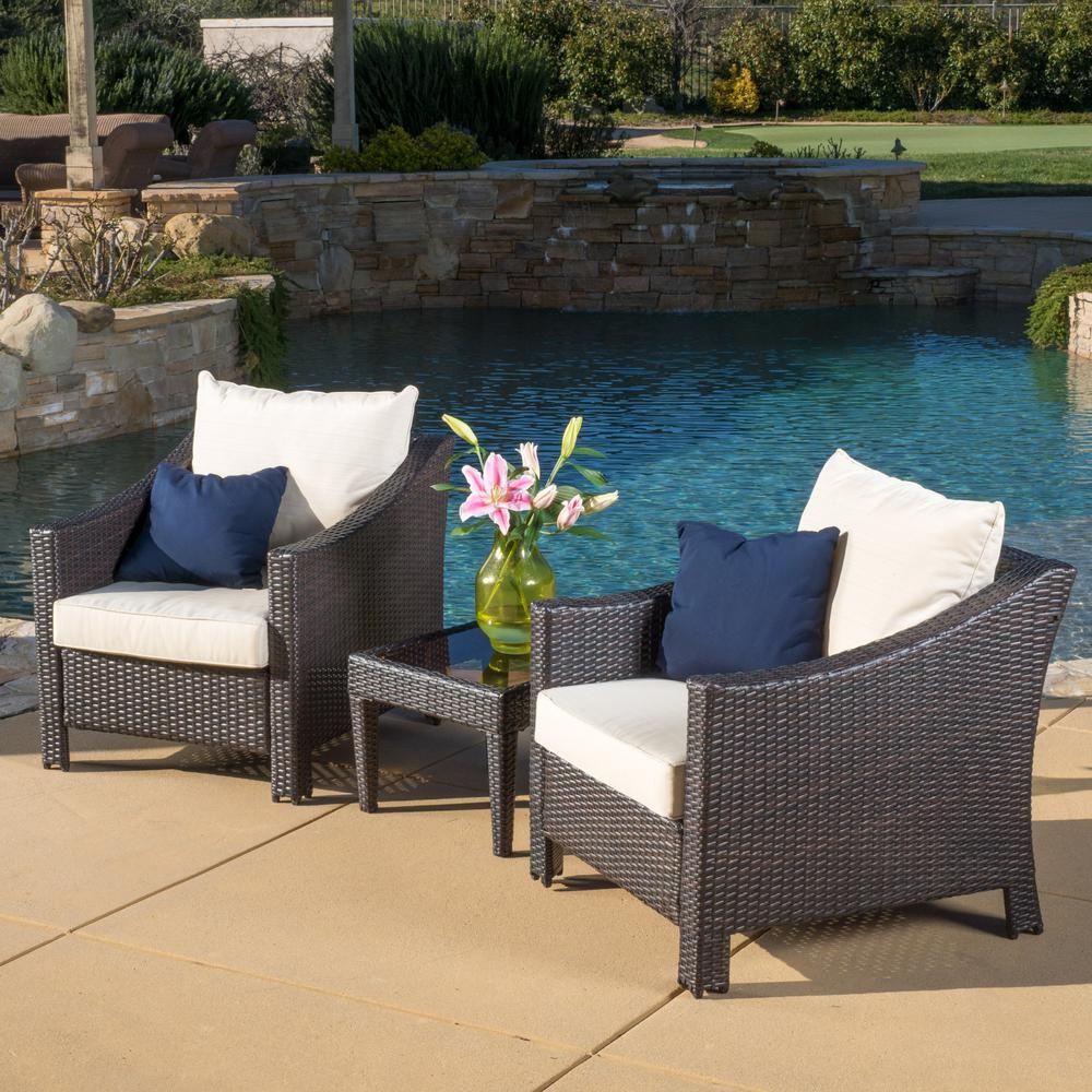 Antibes Multi Brown 3 Piece Wicker Patio Conversation Set With Beige With Regard To Wicker Beige Cushion Outdoor Patio Sets (View 15 of 15)