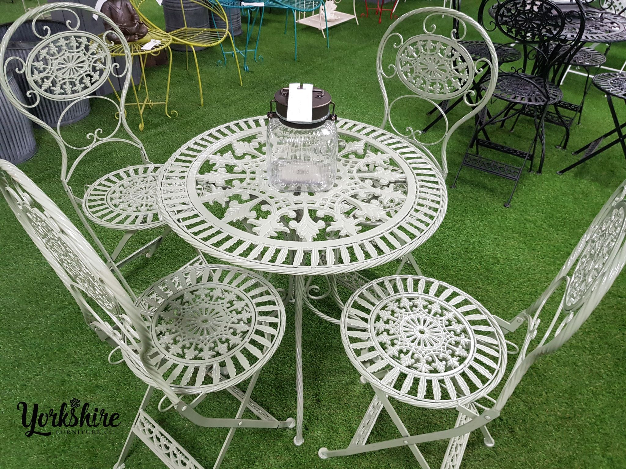 Antique Pale Green Metal Patio Set – Table & 4 Chairs Inside Wide Silver Metal Outdoor Picnic Tables (View 15 of 15)