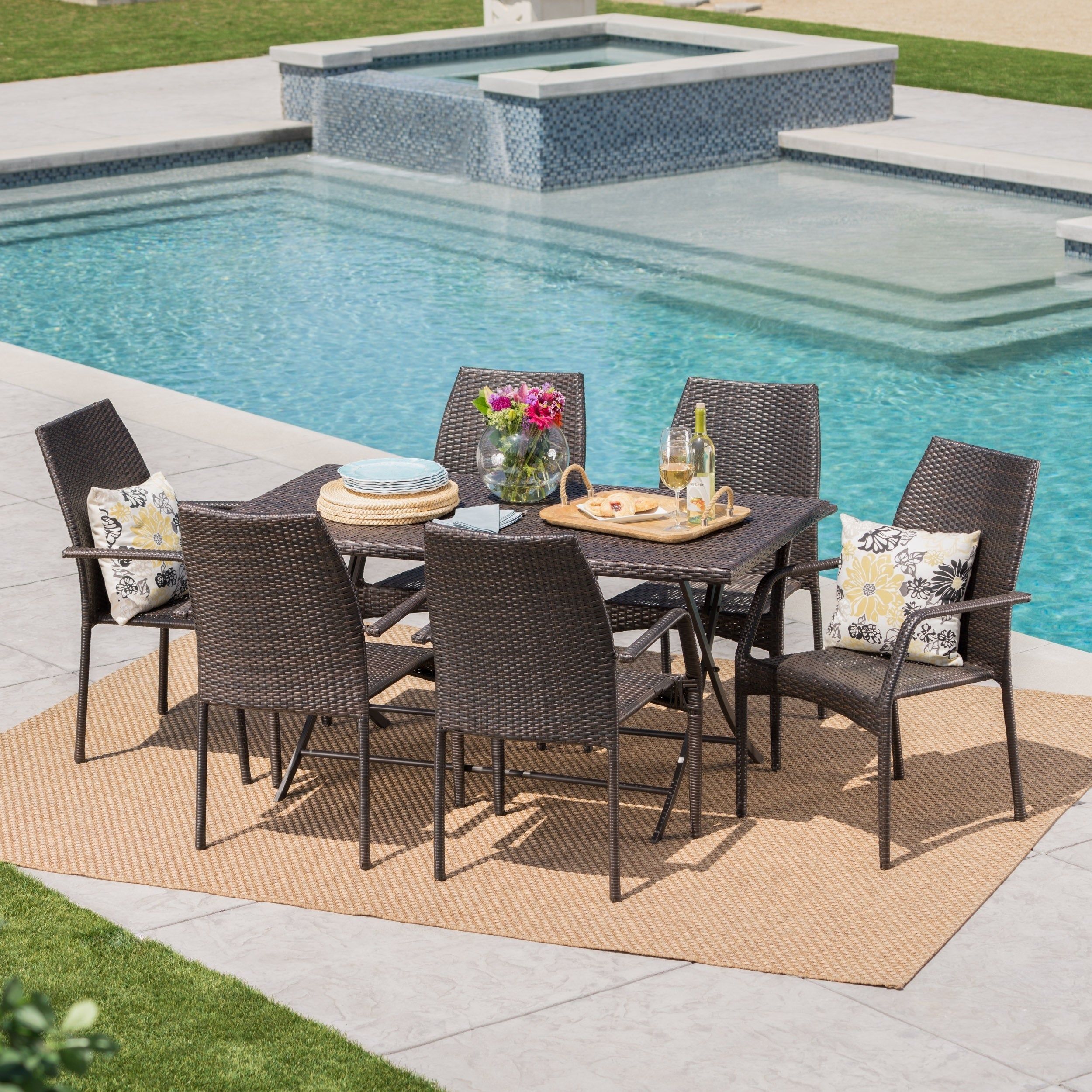 April Outdoor 7 Piece Rectangle Foldable Wicker Dining Set Brown N/A Inside Brown Wicker Rectangular Patio Dining Sets (View 1 of 15)