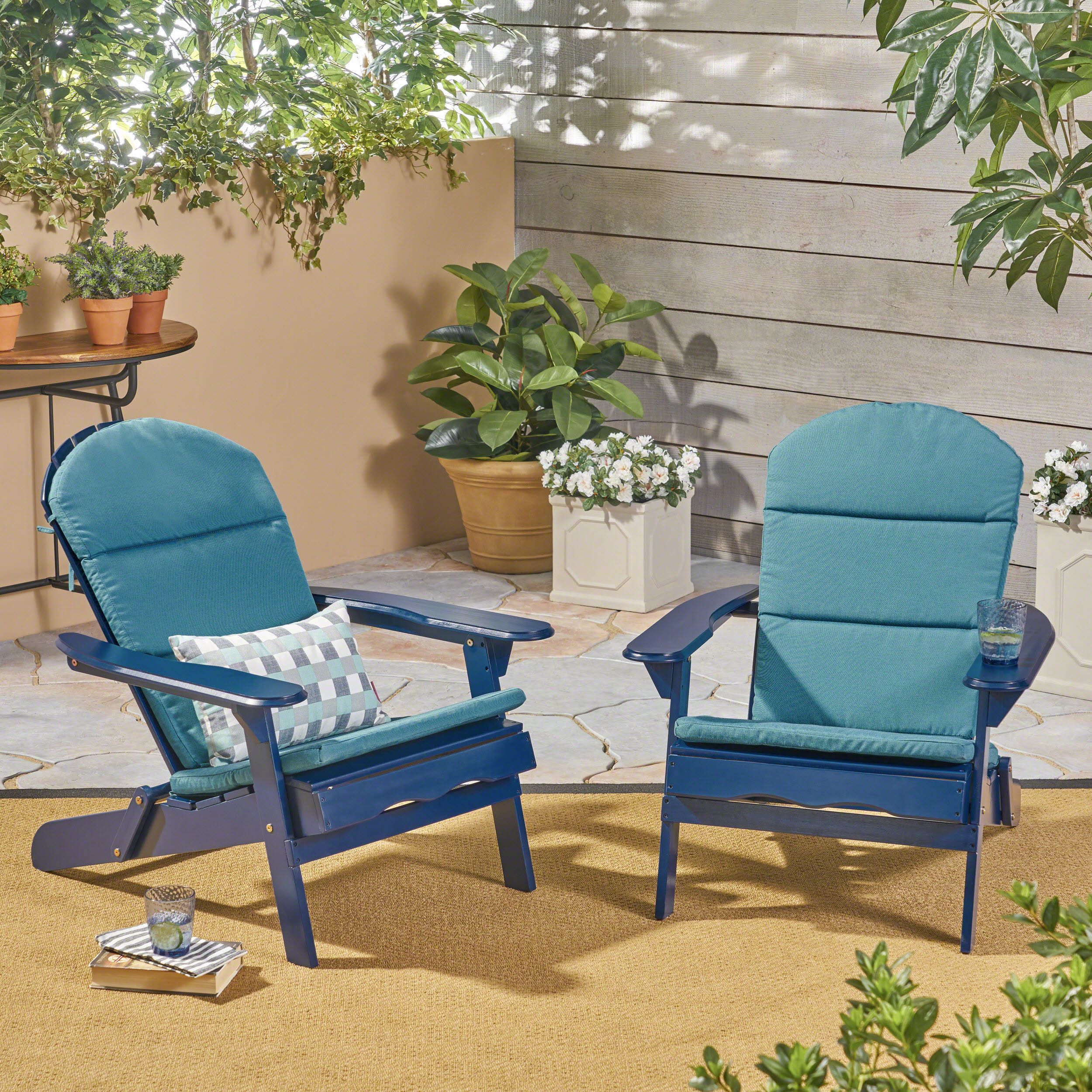 Ariel Outdoor Acacia Wood Folding Adirondack Chairs With Cushions (Set In Navy Outdoor Seating Sets (View 7 of 15)