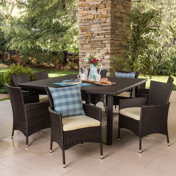 Aristo Outdoor 9 Piece Square Wicker Dining Set With Cushions Intended For Brown 9 Piece Outdoor Dining Sets (View 6 of 15)