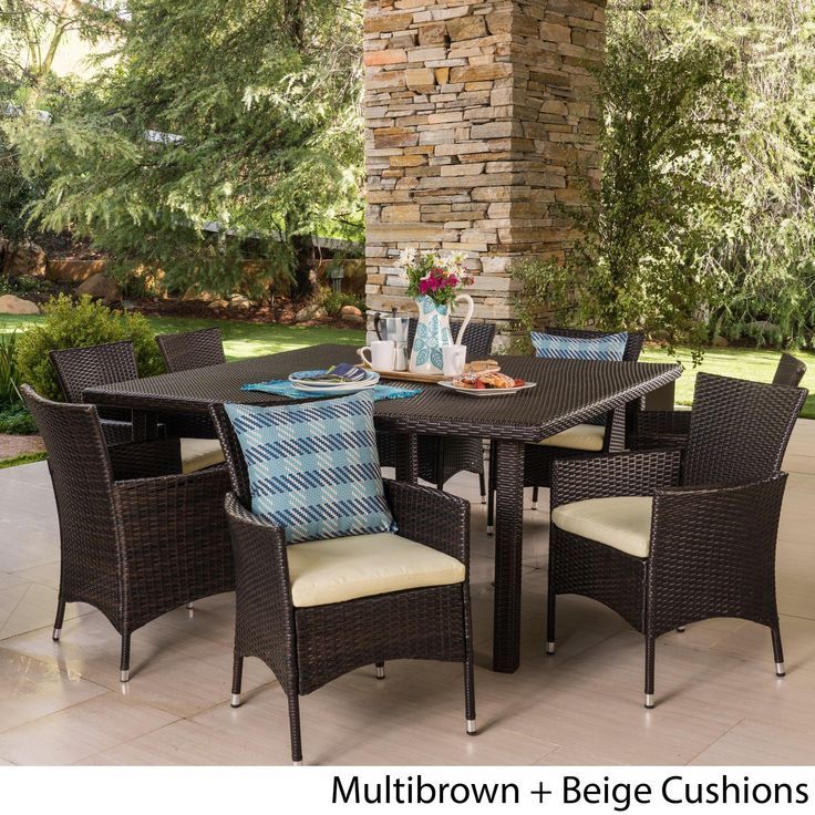 Aristo Outdoor 9 Piece Square Wicker Dining Set With Cushions Pertaining To Wicker Square 9 Piece Patio Dining Sets (View 3 of 15)