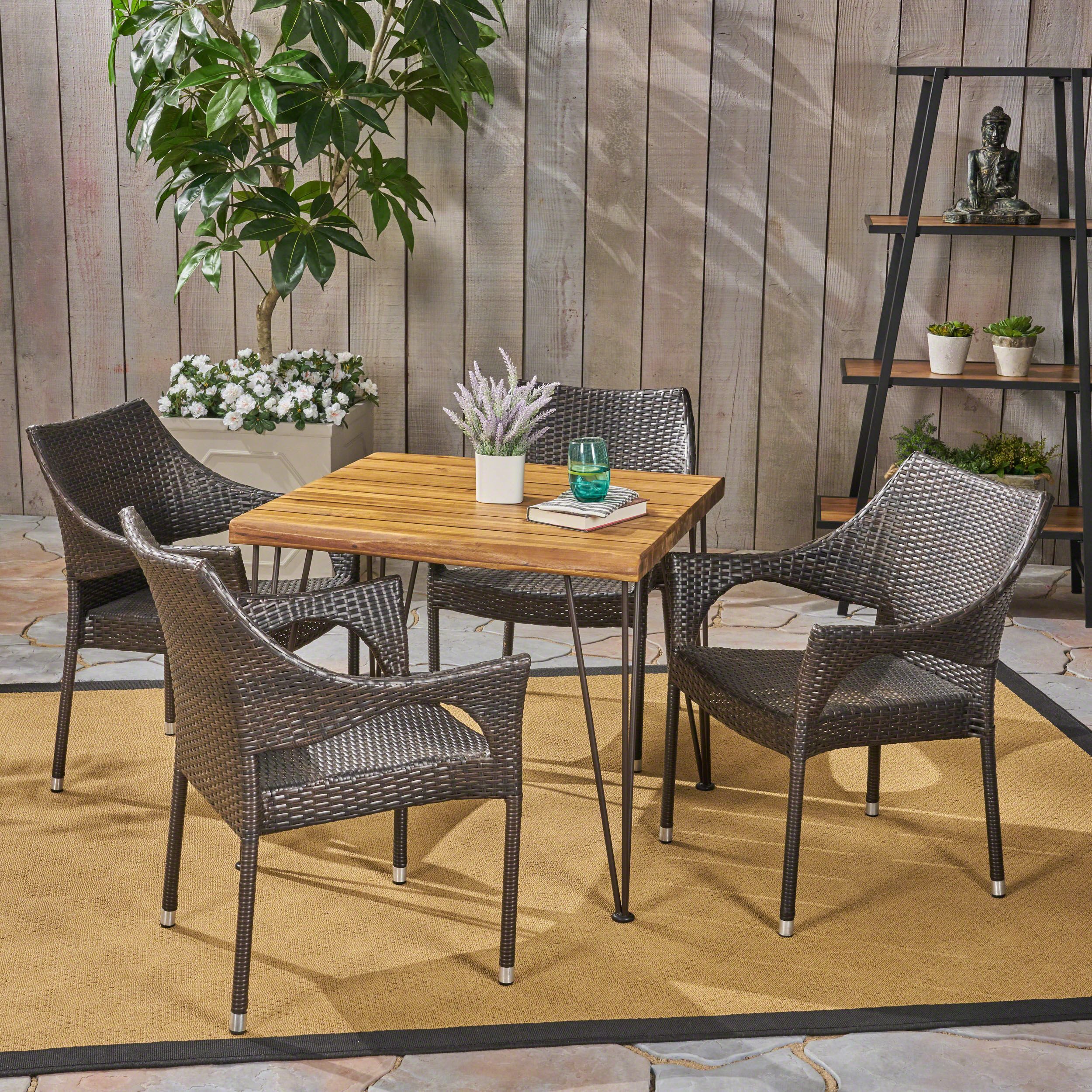 Arya Outdoor 5 Piece Industrial Wood And Wicker Square Dining Set Intended For Teak And Wicker Dining Sets (View 5 of 15)