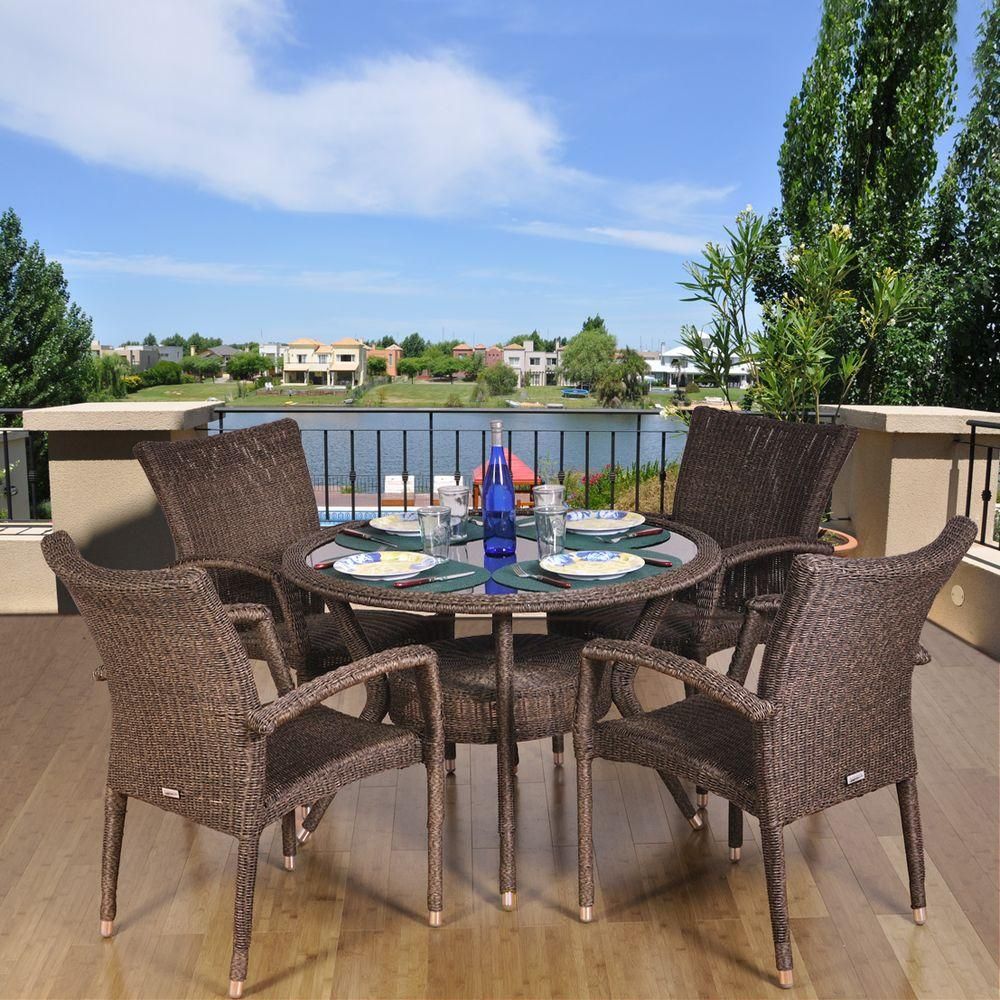 Atlantic Contemporary Lifestyle Bari Round 5 Piece Synthetic Wicker Throughout 5 Piece Outdoor Bench Dining Sets (View 10 of 15)