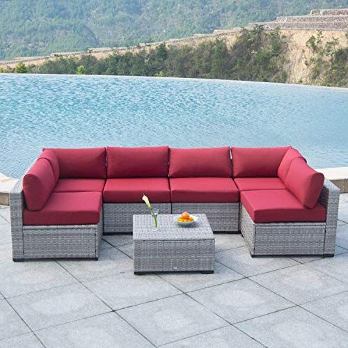 Auro Outdoor Furniture Sectional Sofa Conversation Set (7 Piece Set Within Red Loveseat Outdoor Conversation Sets (View 13 of 15)