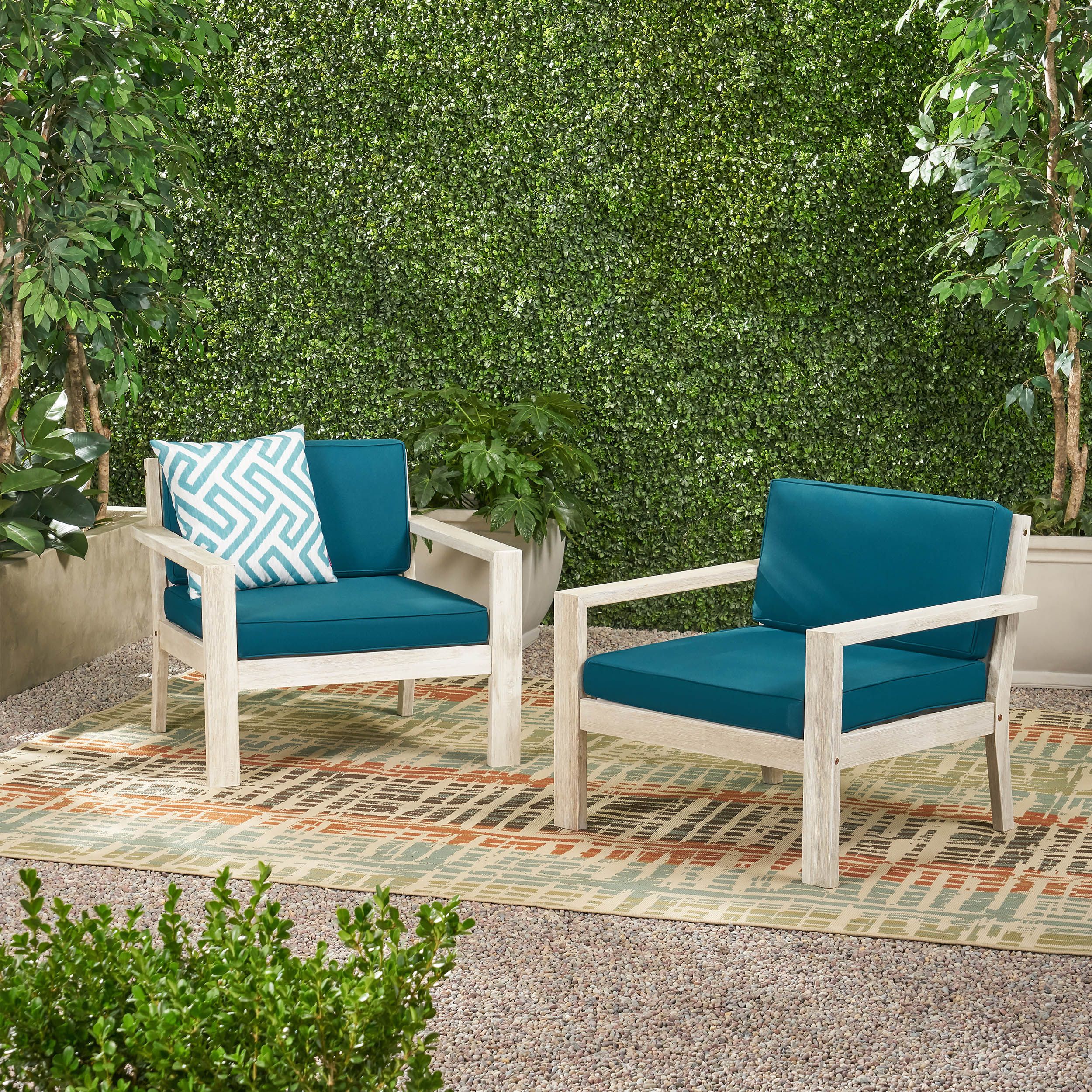 Ayaan Outdoor Acacia Wood Club Chairs With Cushions, Set Of 2, Brushed With Dark Wood Outdoor Chairs (View 2 of 15)