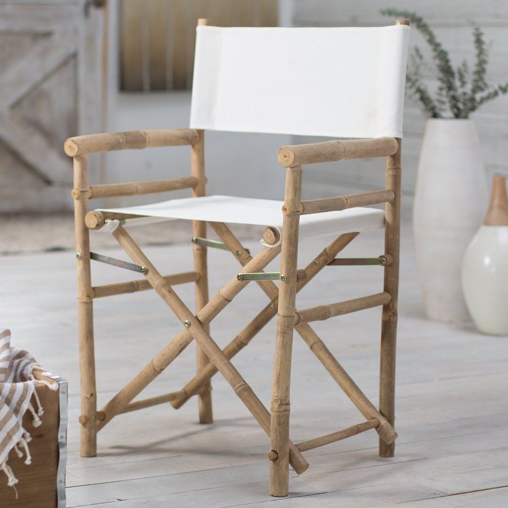 Bamboo Directors Chair Set Of 2 Off White Fabric Seat Outdoor Patio Inside Off White Outdoor Seating Patio Sets (View 12 of 15)