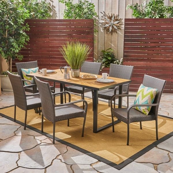 Banner Outdoor 6 Seater Rectangular Acacia Wood And Wicker Dining Set Within Wood Rectangular Outdoor Dining Sets (View 10 of 15)