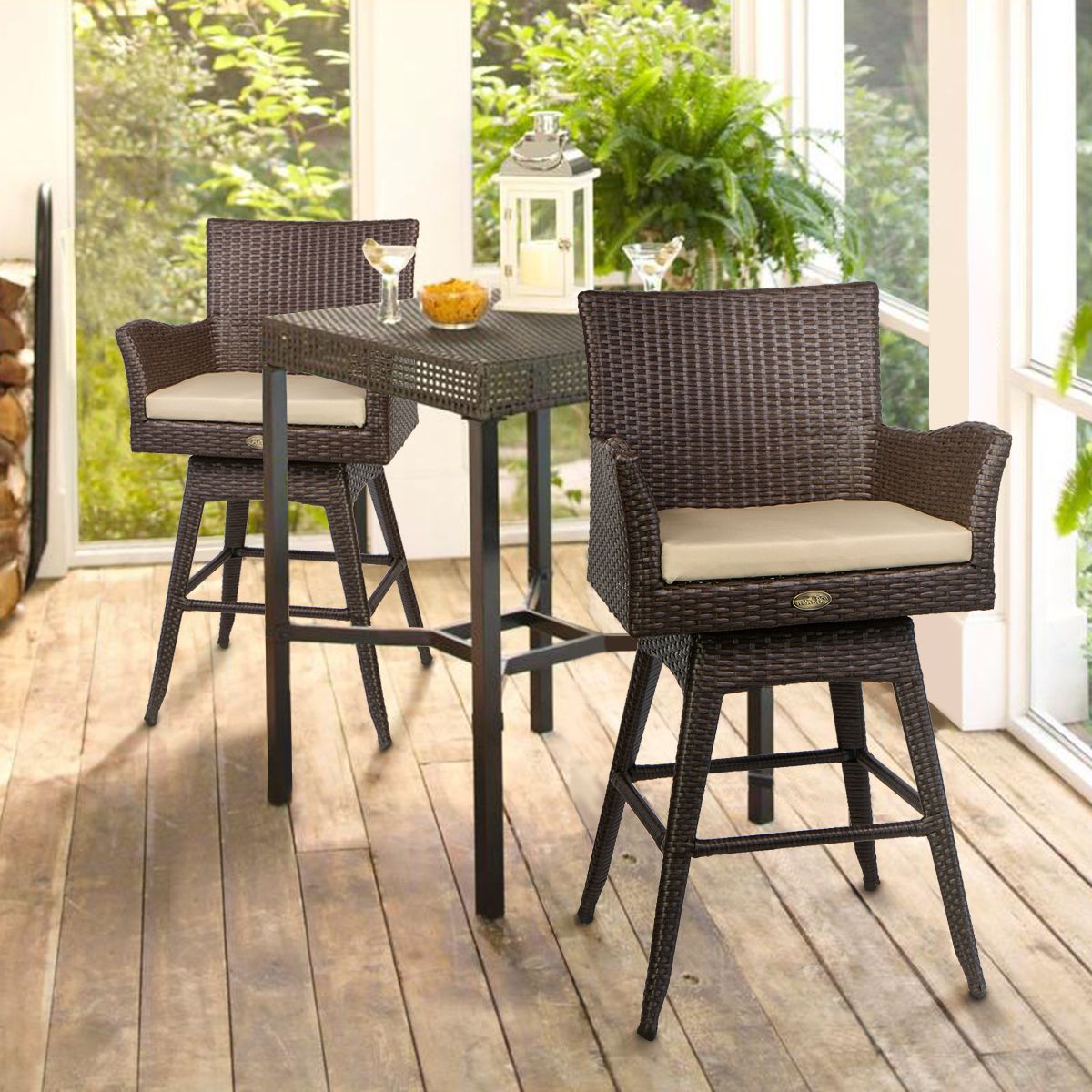 Barton Outdoor Patio Swivel Bar Stool Armrest With Footrest Rattan Pertaining To Fabric Outdoor Patio Sets (Photo 14 of 15)