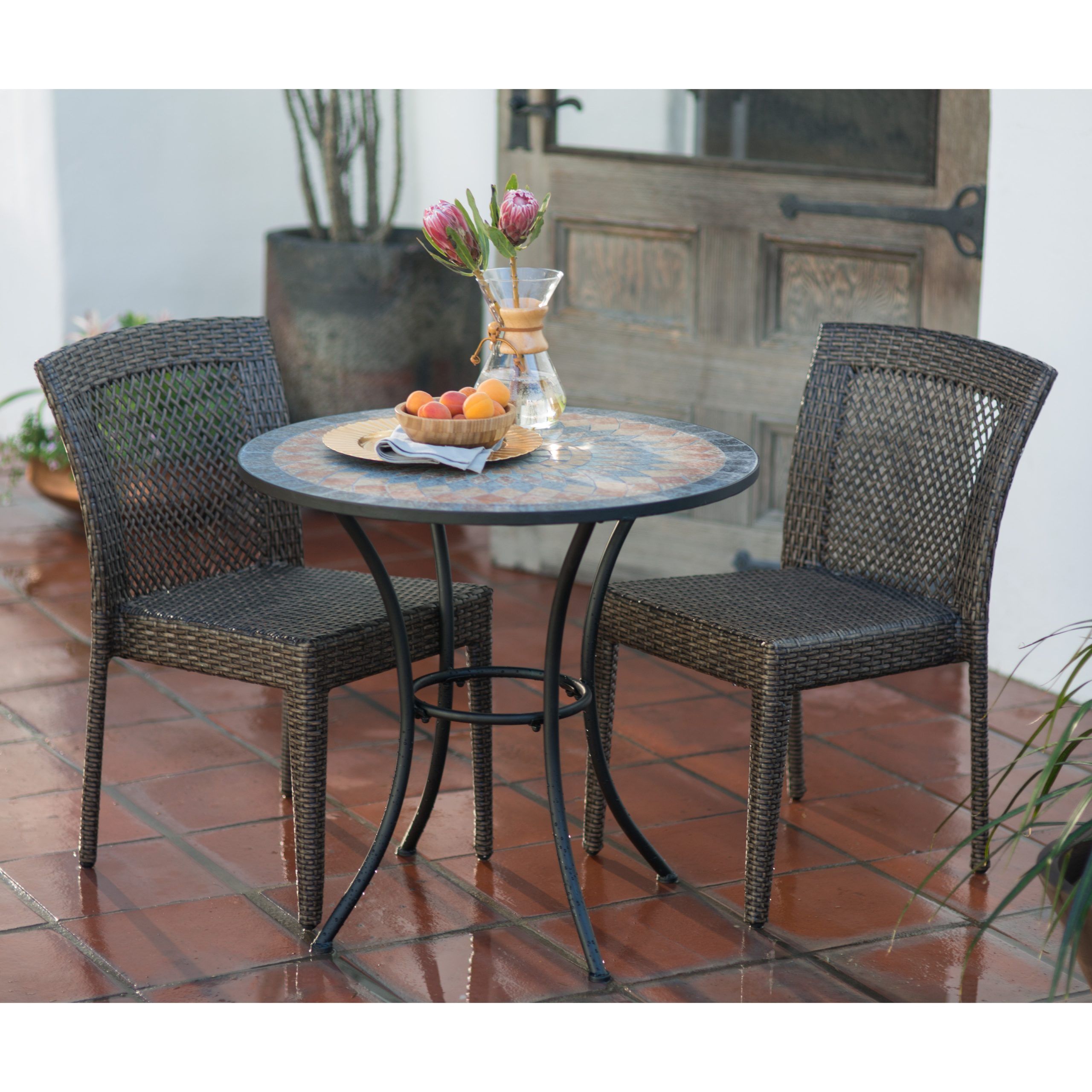 Belham Living Brisbane All Weather Wicker And Mosaic Patio Bistro Set With Regard To Outdoor Wicker Cafe Dining Sets (View 8 of 15)