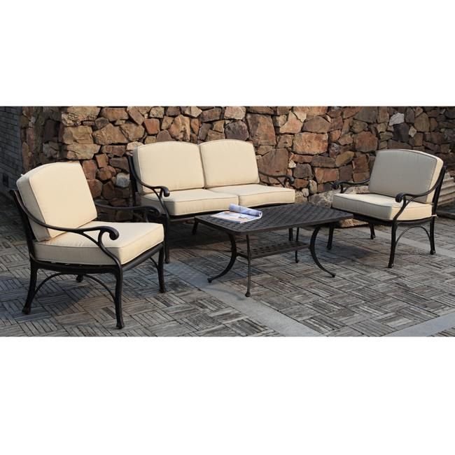 Black 4 Piece Cast Aluminum Outdoor Conversation Set – Free Shipping In Black Cushion Patio Conversation Sets (View 15 of 15)