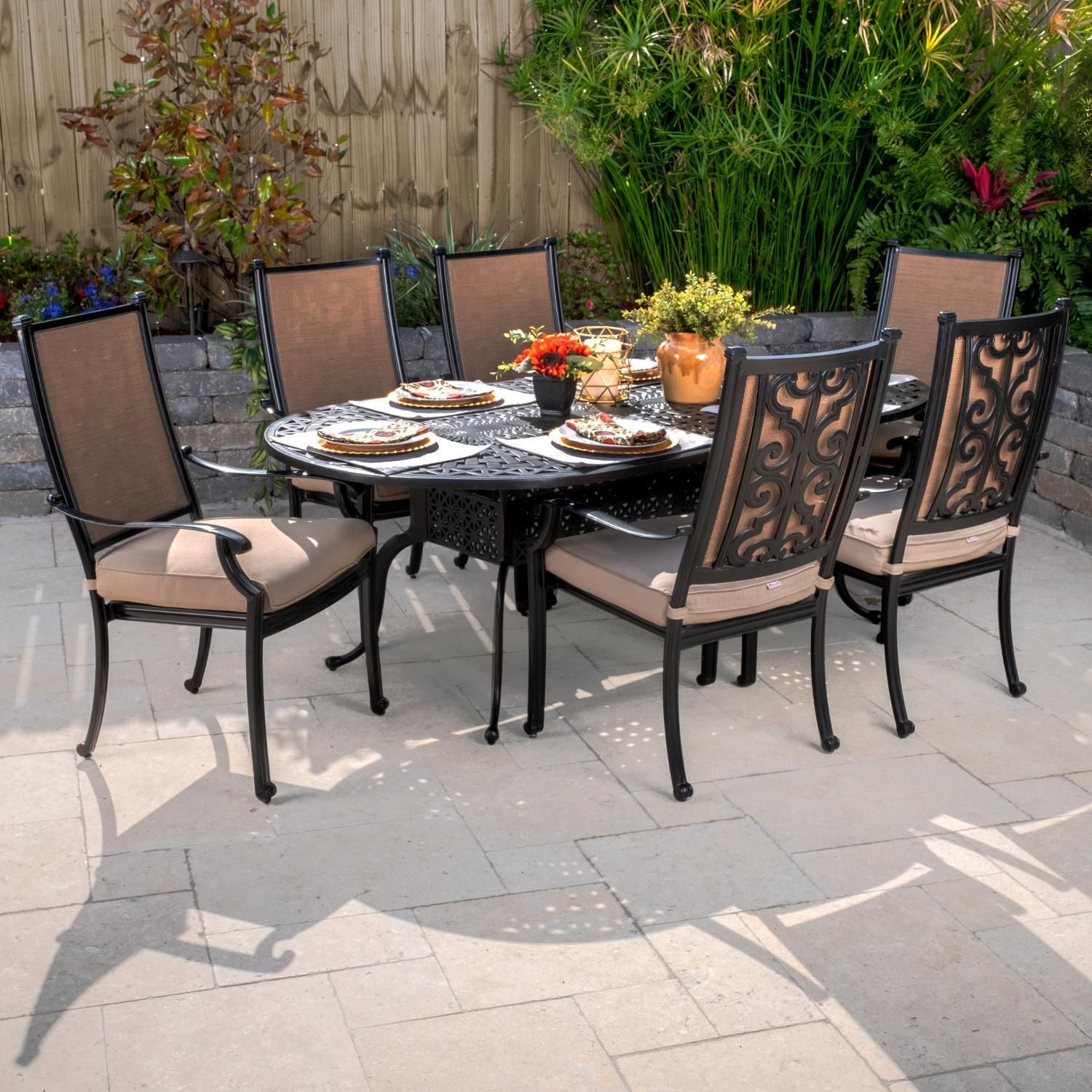 Bocage 7 Piece Cast Aluminum Sling Patio Dining Set W/ 84 X 42 Inch Within 7 Piece Patio Dining Sets With Cushions (View 3 of 15)