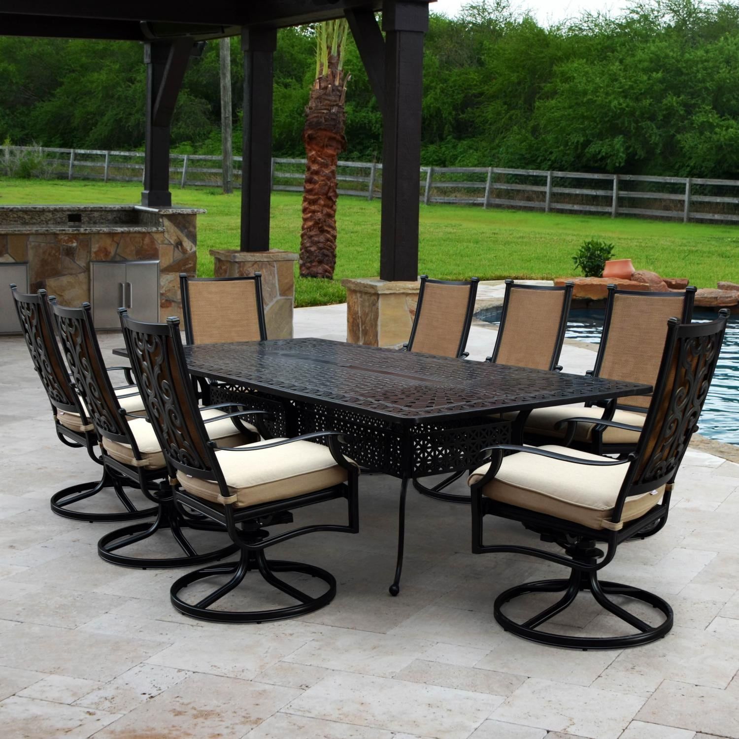 Bocage 9 Piece Cast Aluminum Sling Patio Dining Set W/ 102 Inch In 9 Piece Extendable Patio Dining Sets (View 14 of 15)