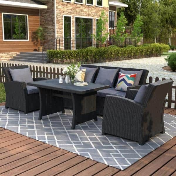 Boyel Living Black 4 Piece Wicker Patio Conversation Set With Dark Blue Within 4 Piece 3 Seat Outdoor Patio Sets (View 9 of 15)