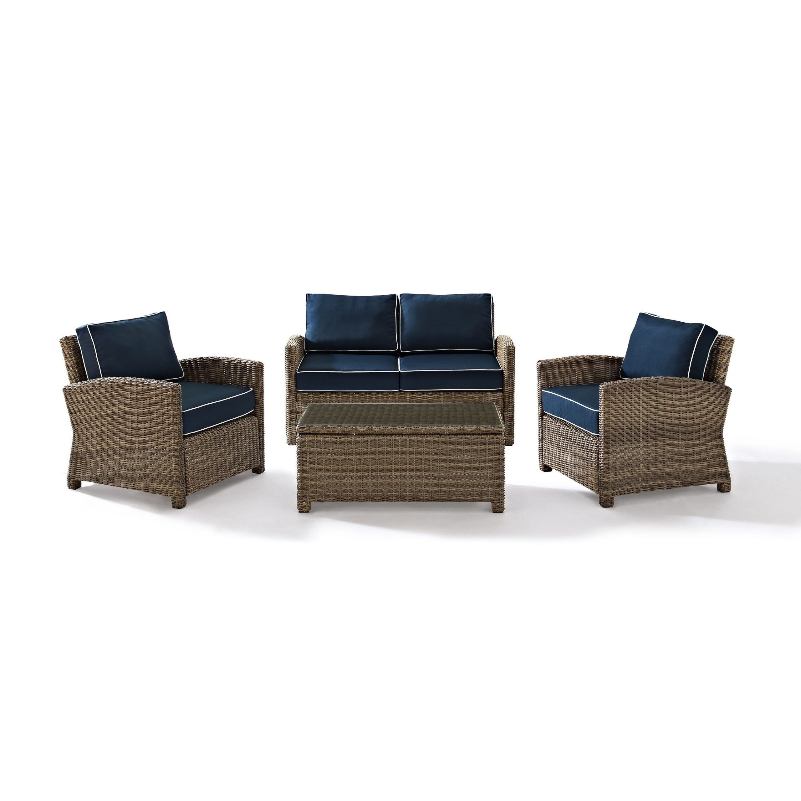 Bradenton Outdoor Wicker 4 Piece Seating Set With Navy Cushions (Brown Regarding Navy Outdoor Seating Sectional Patio Sets (View 12 of 15)
