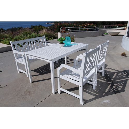 Bradley Outdoor 4 Piece Wood Patio Dining Set With 4 Foot Bench In For White 4 Piece Outdoor Seating Patio Sets (View 7 of 15)