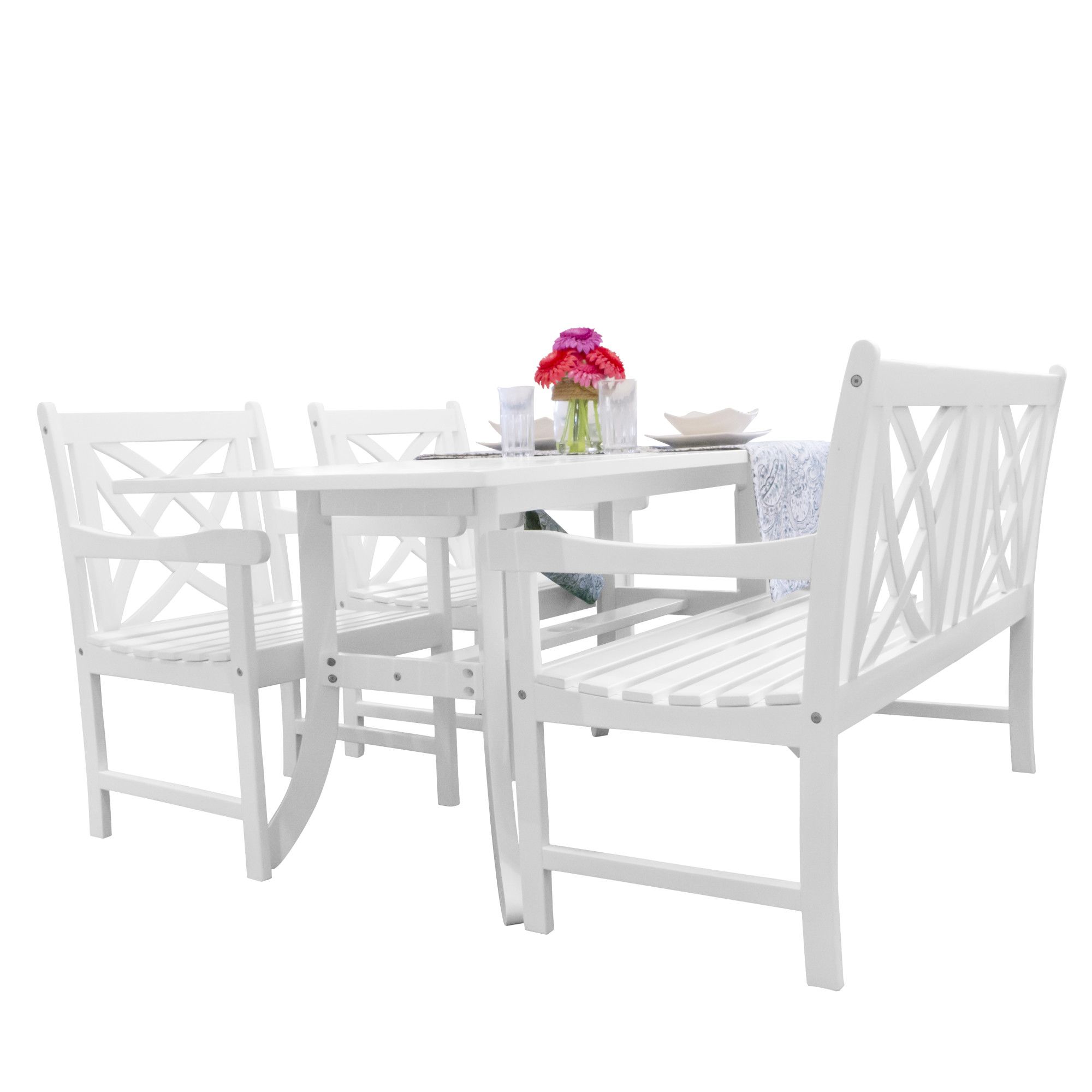 Bradley Outdoor 4 Piece Wood Patio Dining Set With 4 Foot Bench In In White 4 Piece Outdoor Seating Patio Sets (View 5 of 15)