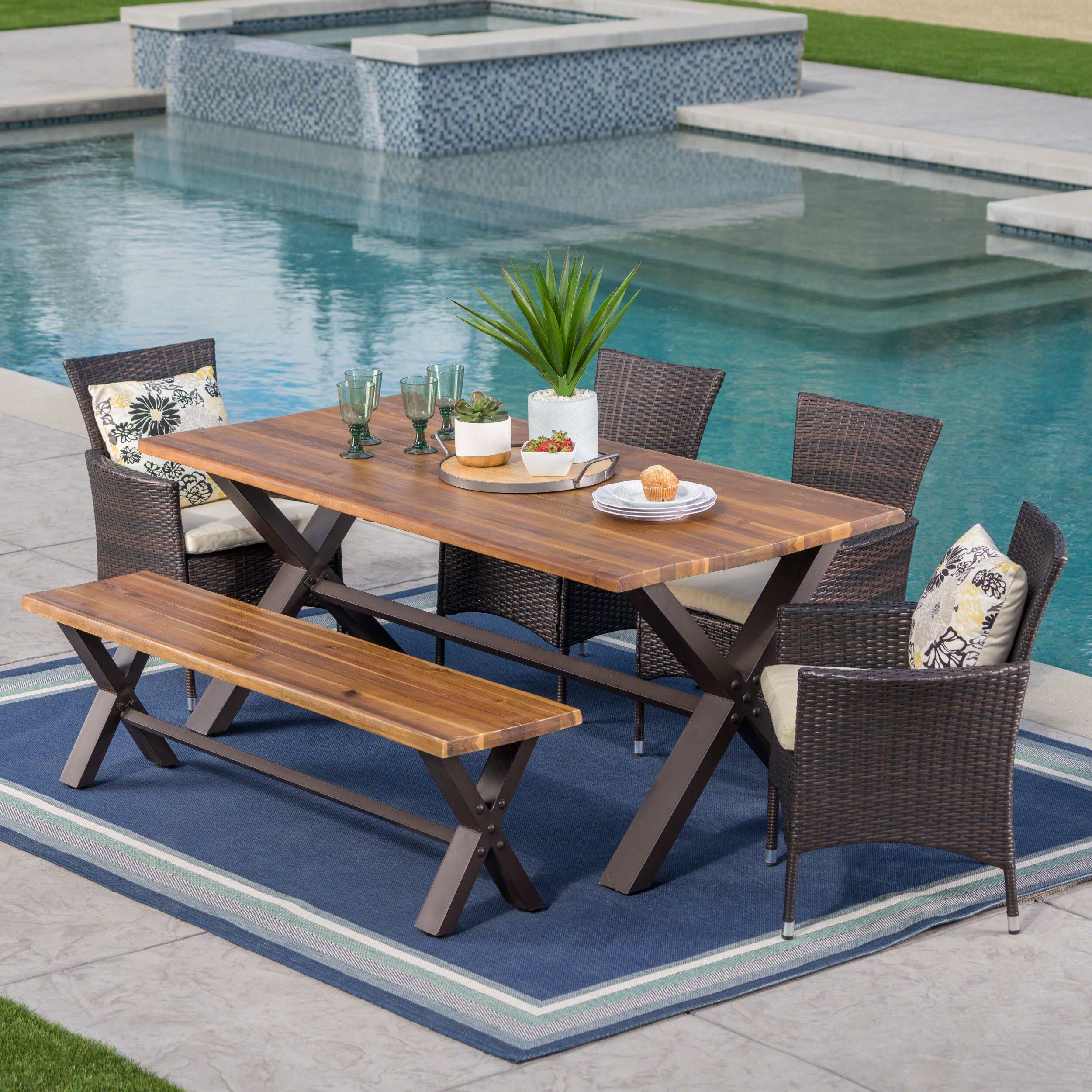 Bradley Outdoor 6 Piece Acacia Wood Dining Set With Wicker Dining In Patio Dining Sets With Cushions (View 15 of 15)