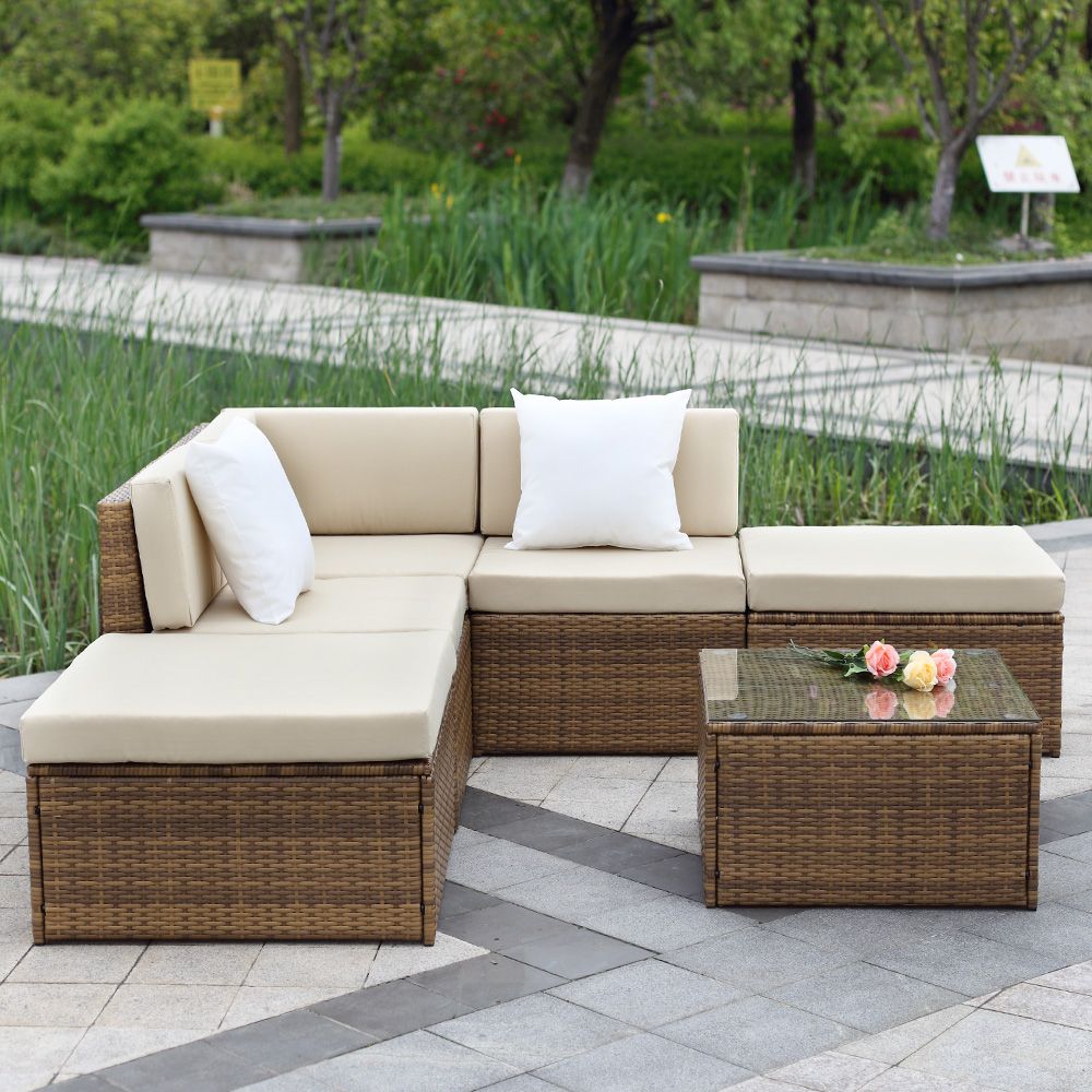 Brown Ikayaa 6Pcs Outdoor Patio Sectional Rattan Wicker Sofa Set Light Throughout Outdoor Wicker Sectional Sofa Sets (View 5 of 15)