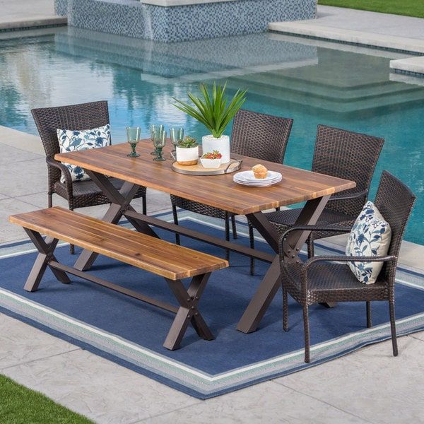 Bullerton Outdoor 6 Piece Rectangle Wicker Wood Dining Set Within Wood Rectangular Outdoor Dining Sets (View 13 of 15)