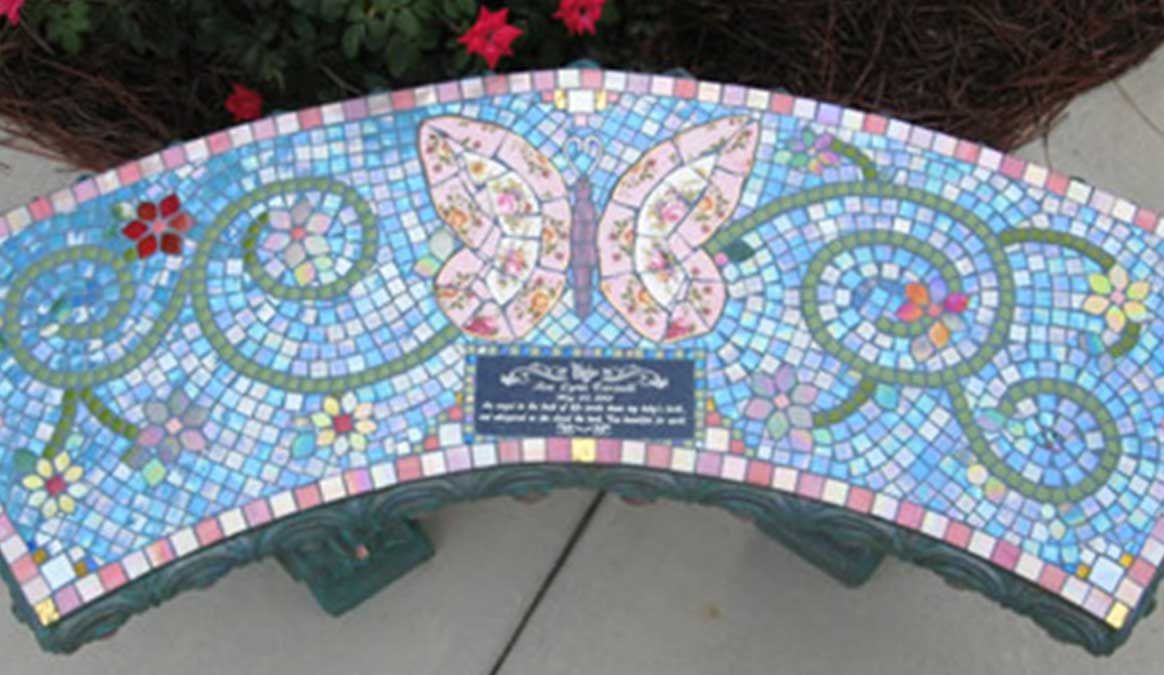 Butterflies And Dragonflies Mosaic Memorial Benches – Water'S End Studio For Dragonfly Mosaic Outdoor Accent Tables (View 7 of 15)