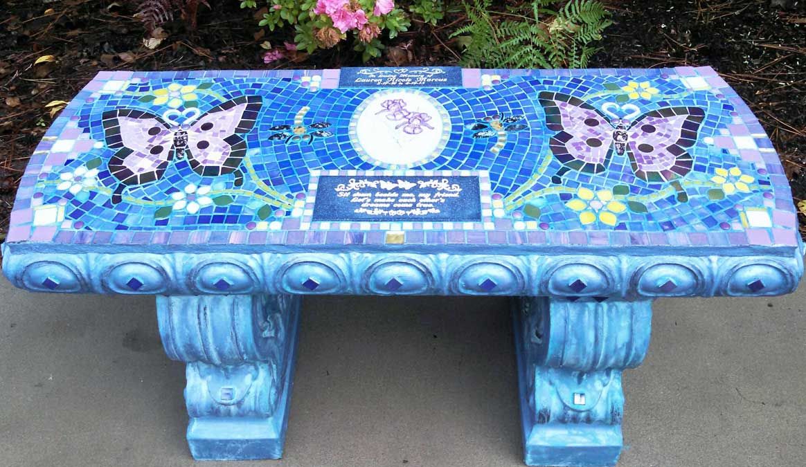 Butterflies And Dragonflies Mosaic Memorial Benches – Water'S End Studio Inside Dragonfly Mosaic Outdoor Accent Tables (View 1 of 15)