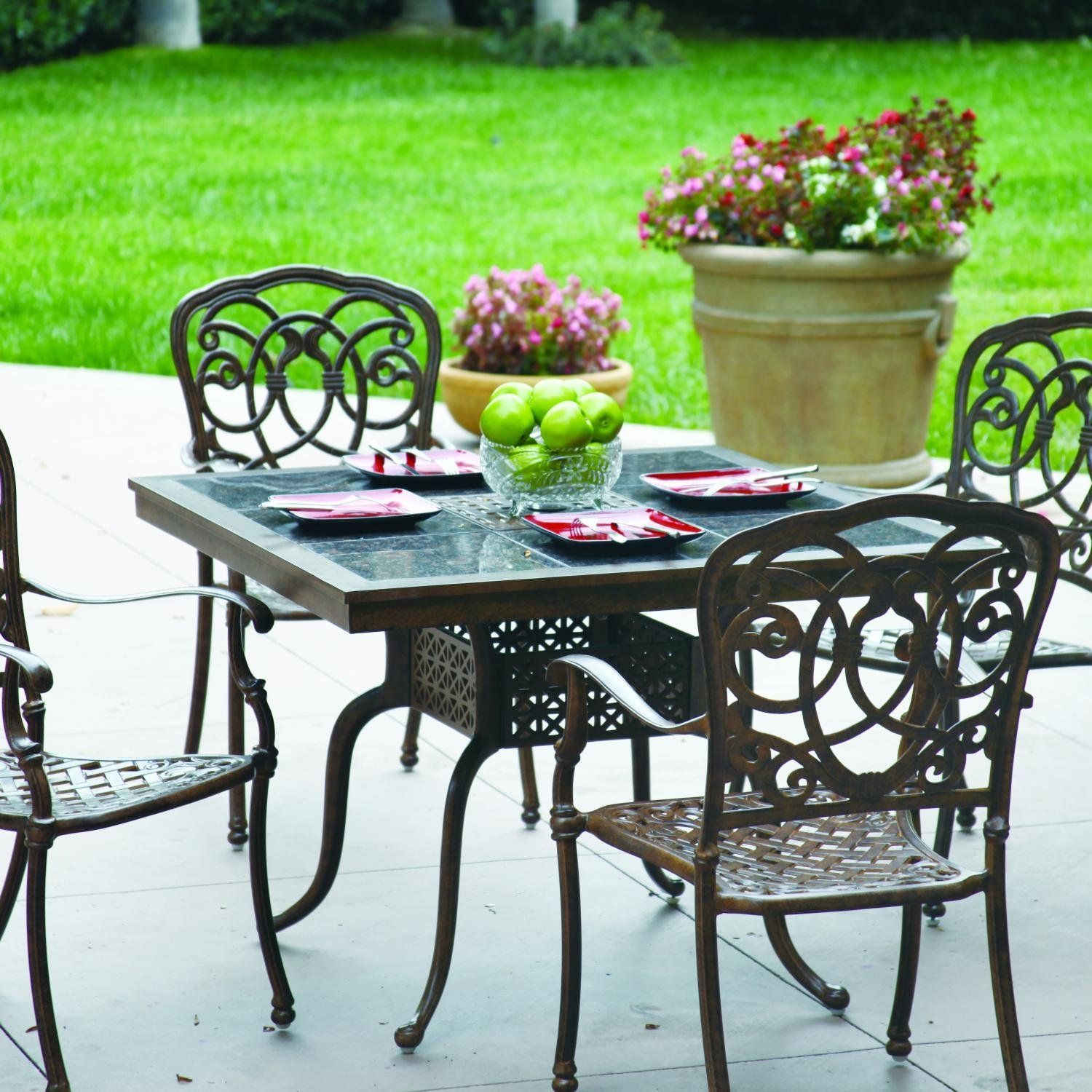 Buy Brown Modern 5 Piece Cast Aluminum Sling Patio Dining Set | Perfect With 5 Piece Outdoor Bench Dining Sets (View 9 of 15)