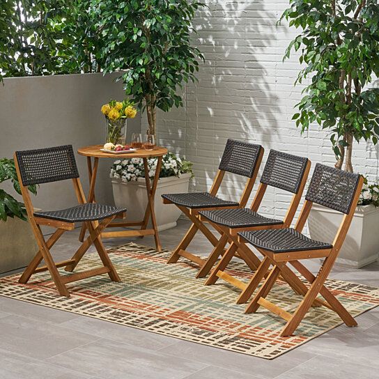 Buy Ida Outdoor Acacia Wood Foldable Bistro Chairs With Wicker Seating In Acacia Wood Outdoor Seating Patio Sets (View 12 of 15)