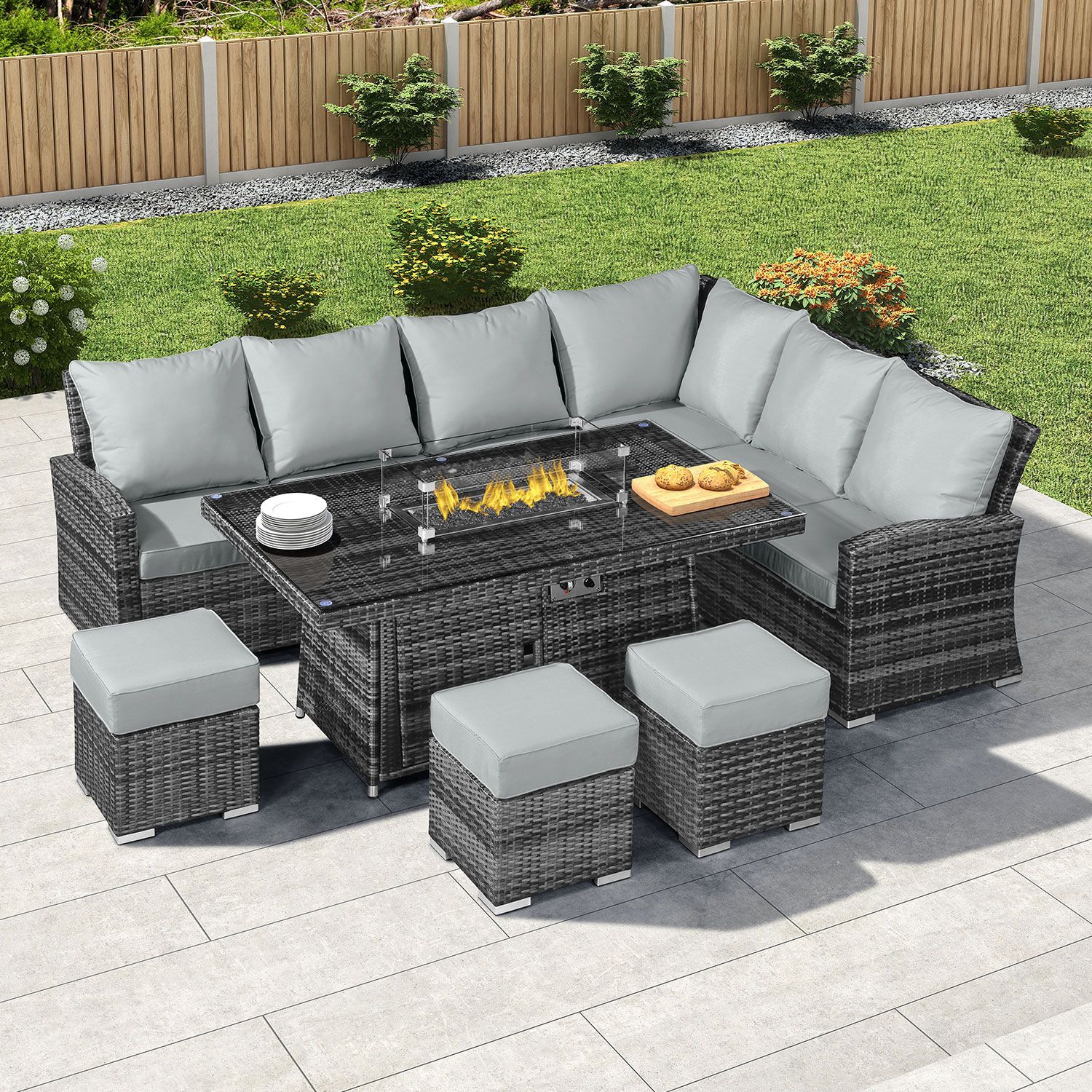 Cambridge Right Hand Casual Dining Corner Sofa Set With Firepit Table Throughout Gray Outdoor Table And Loveseat Sets (View 6 of 15)