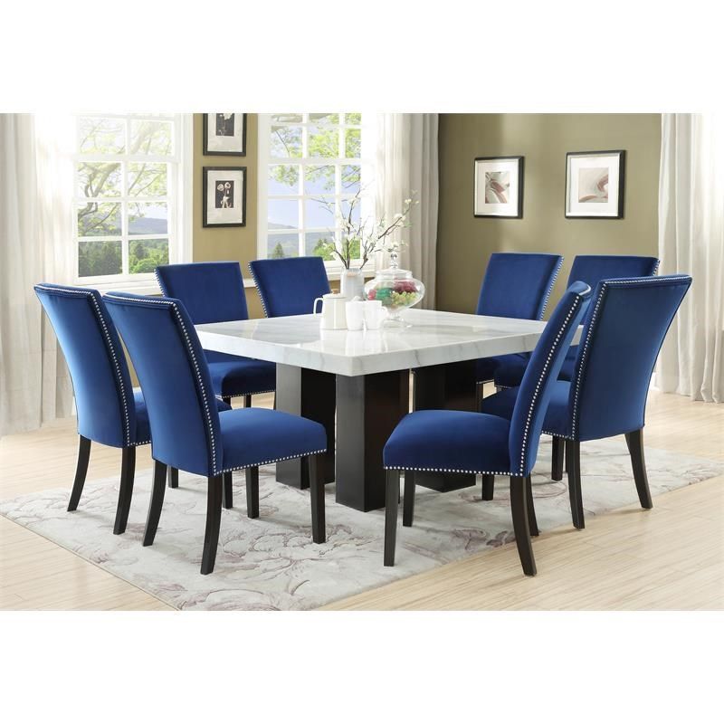 Camila Marble Top Square 9 Piece Dining Set With Blue Velvet Chairs Within 9 Piece Square Dining Sets (View 10 of 15)
