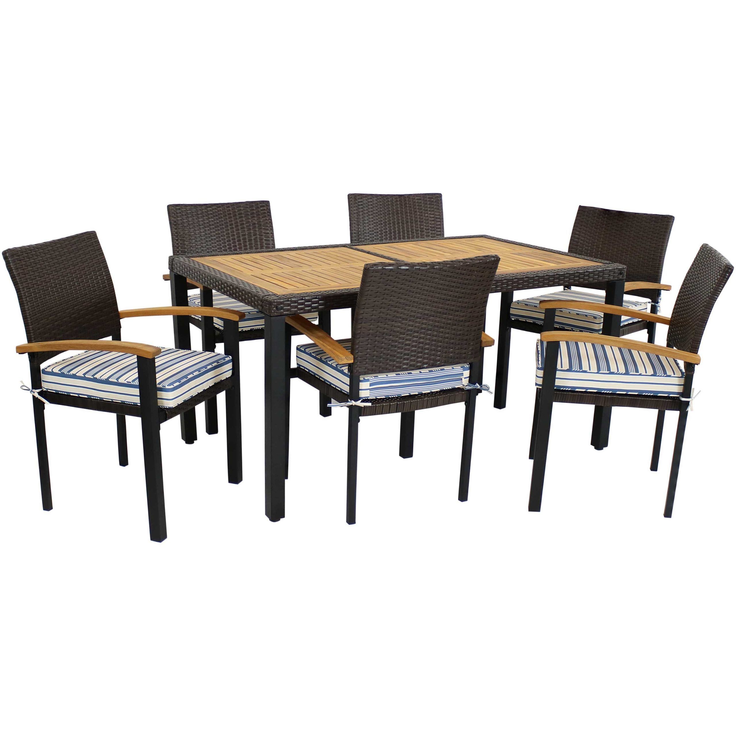 Carlow 7 Piece Rattan And Acacia Patio Dining Set – Dark Brown/Blue For Blue And Brown Wicker Outdoor Patio Sets (View 15 of 15)