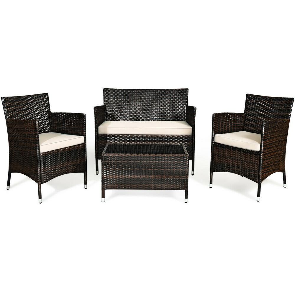 Casainc Brown 4 Piece Rattan Patio Conversation Set With Beige Cushions Within Brown Patio Conversation Sets With Cushions (View 11 of 15)