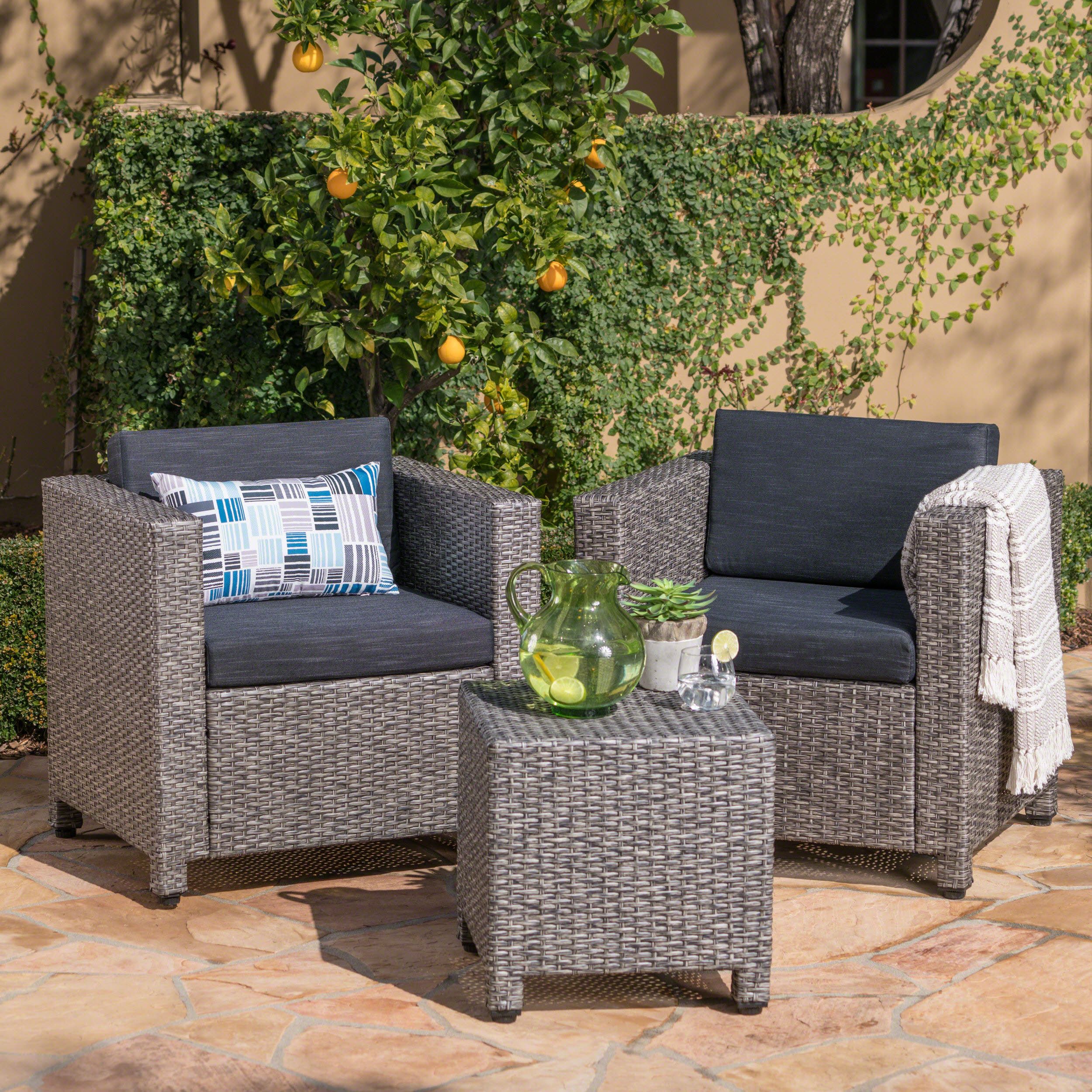Cascada Outdoor 3 Piece Wicker Club Chair And Table Set With Cushions Regarding Outdoor Wicker Gray Cushion Patio Sets (View 2 of 15)
