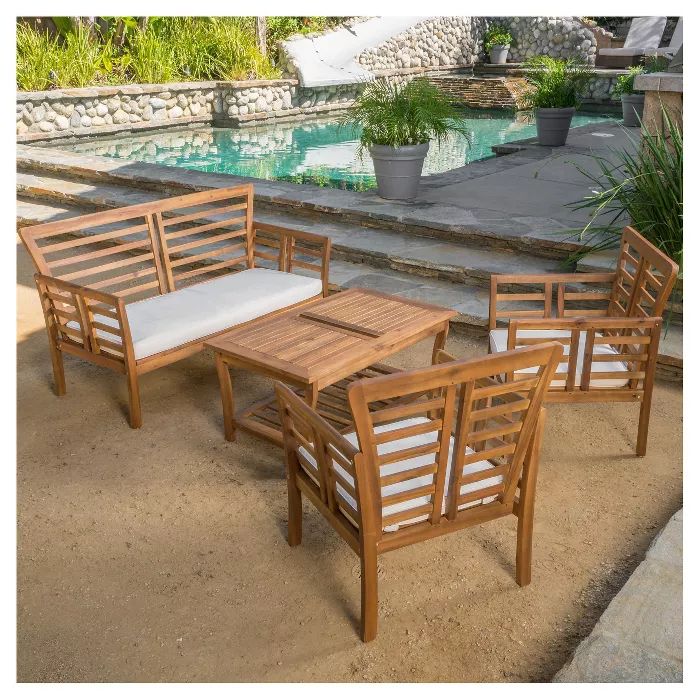 Caydon 4Pc Acacia Wood Patio Chat Set With Cushions – Brown Patina For Brown Acacia Patio Chairs With Cushions (View 7 of 15)