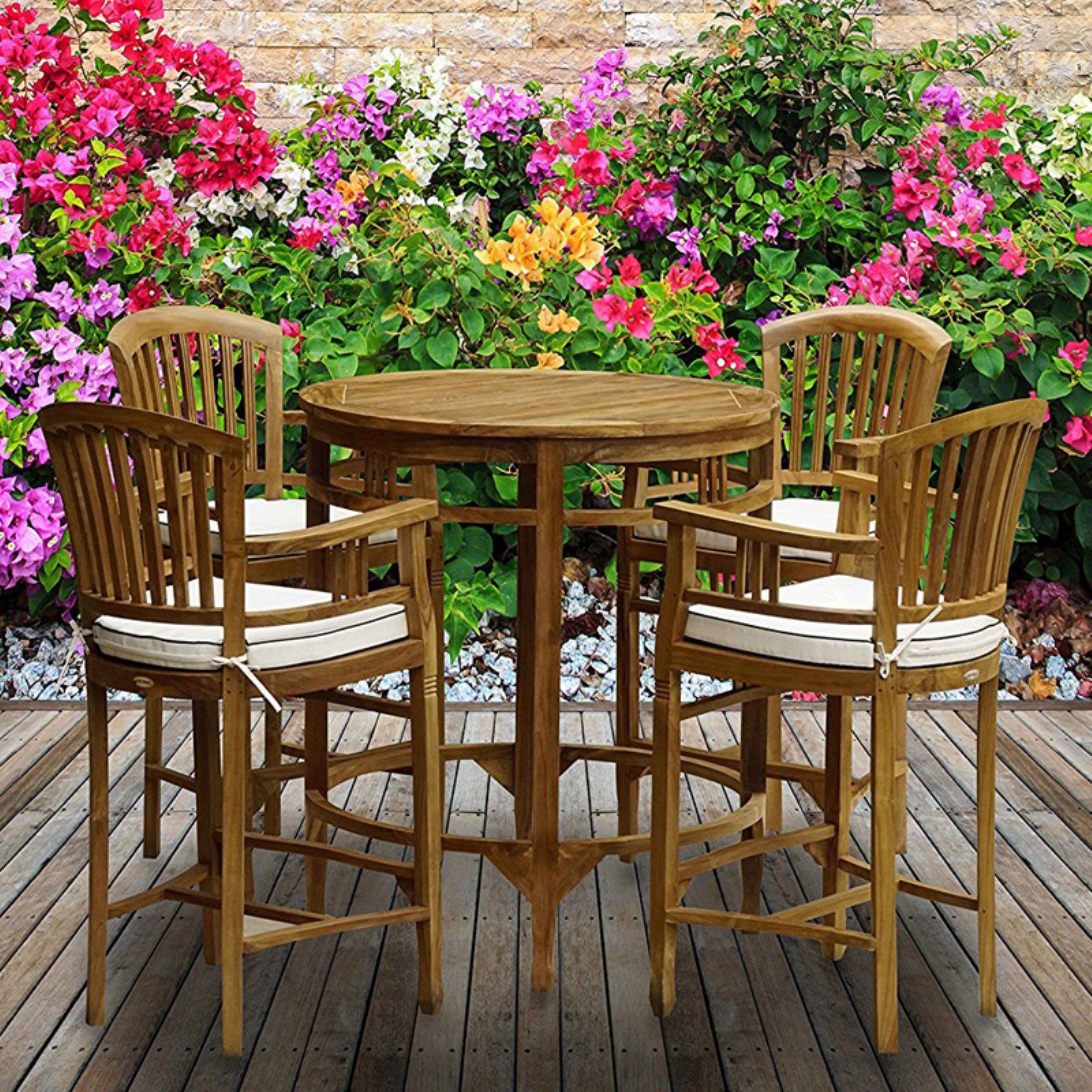 Chic Teak Orleans Round Teak 5 Piece Bar Height Patio Dining Set Regarding Teak Wood Outdoor Table And Chairs Sets (View 12 of 15)