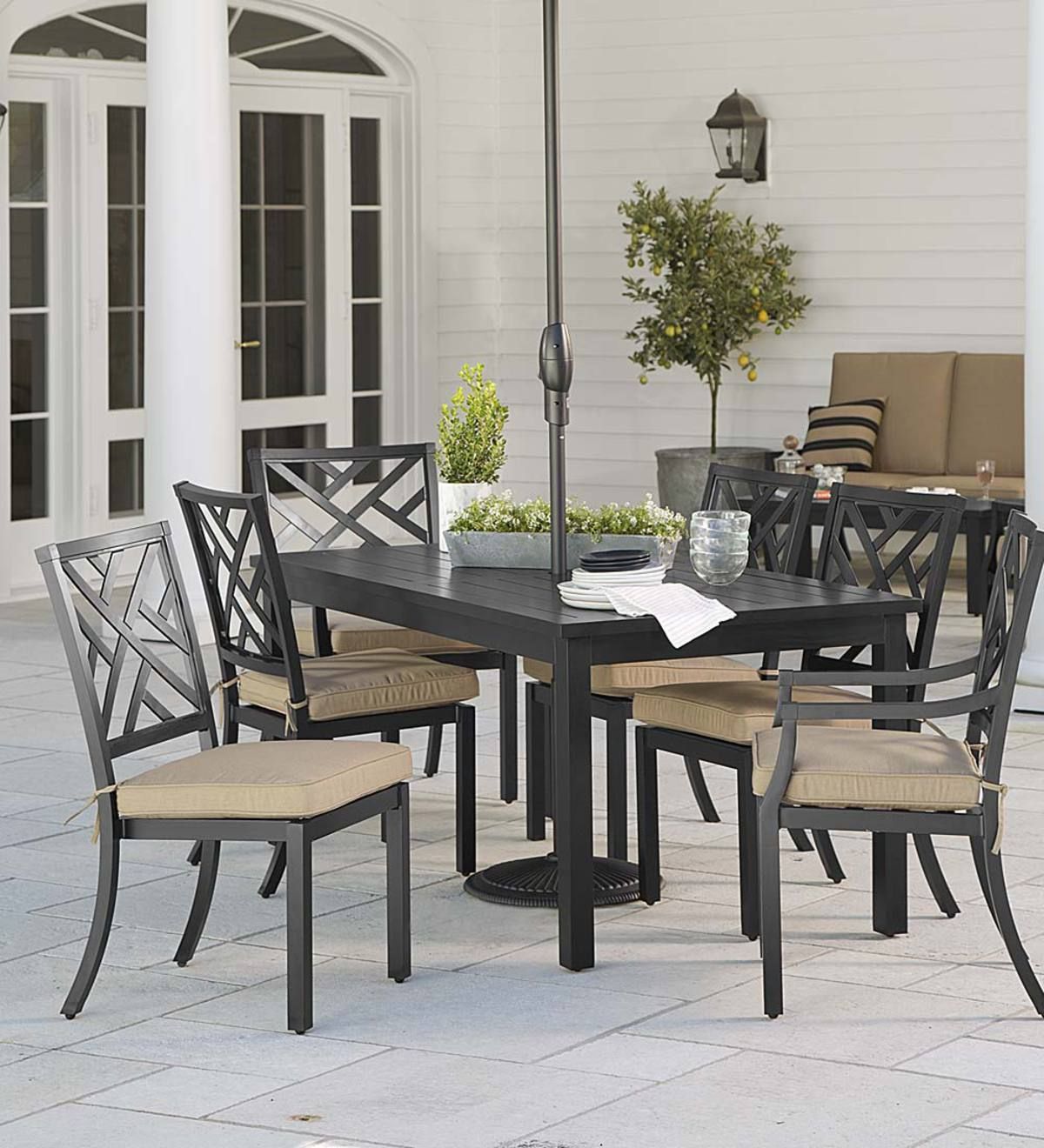 Chippendale Outdoor Dining Set With Cushions – Black With Heather Beige Regarding Off White Cushion Patio Dining Sets (View 14 of 15)