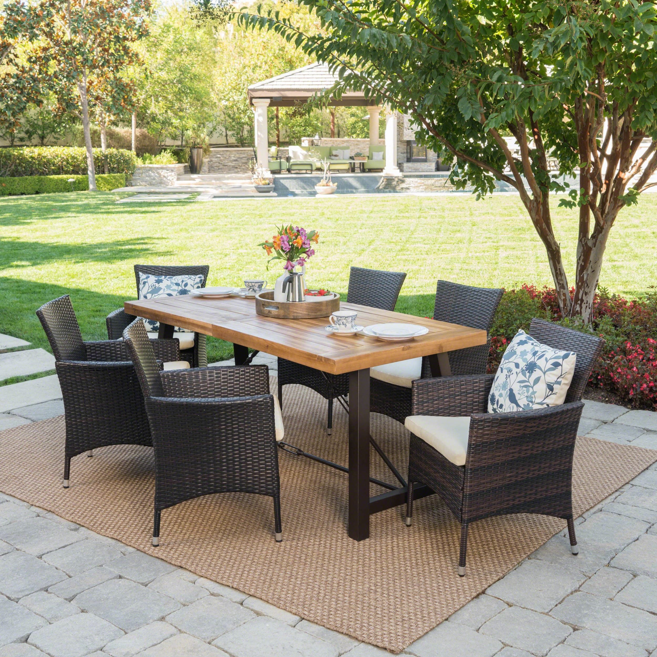 Christopher Knight Home Torrens Outdoor 7 Piece Rectangle Wicker Wood Regarding Patio Dining Sets With Cushions (View 2 of 15)