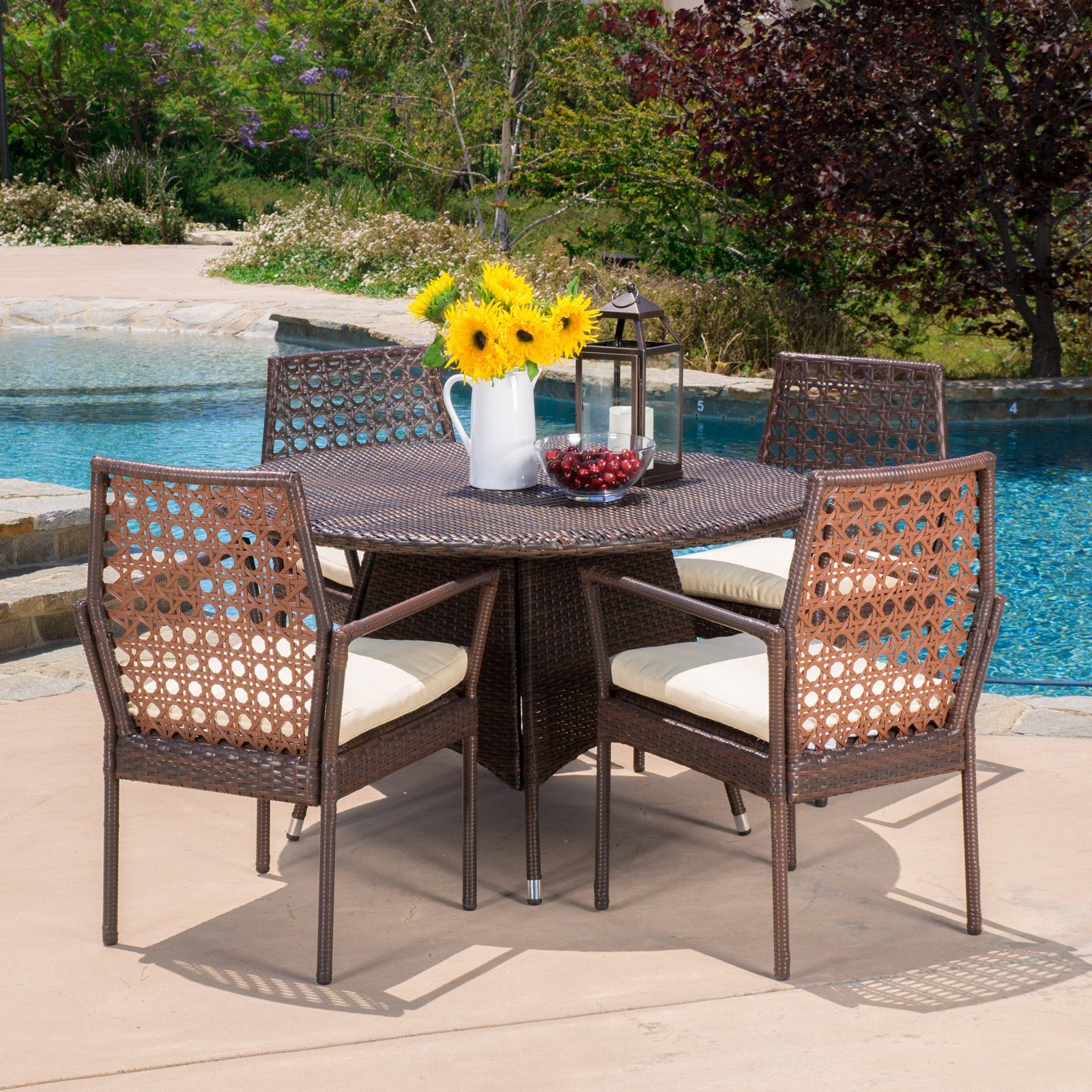 Claire Wicker 5 Piece Round Patio Dining Set With Cushion – Walmart Intended For Patio Dining Sets With Cushions (View 5 of 15)