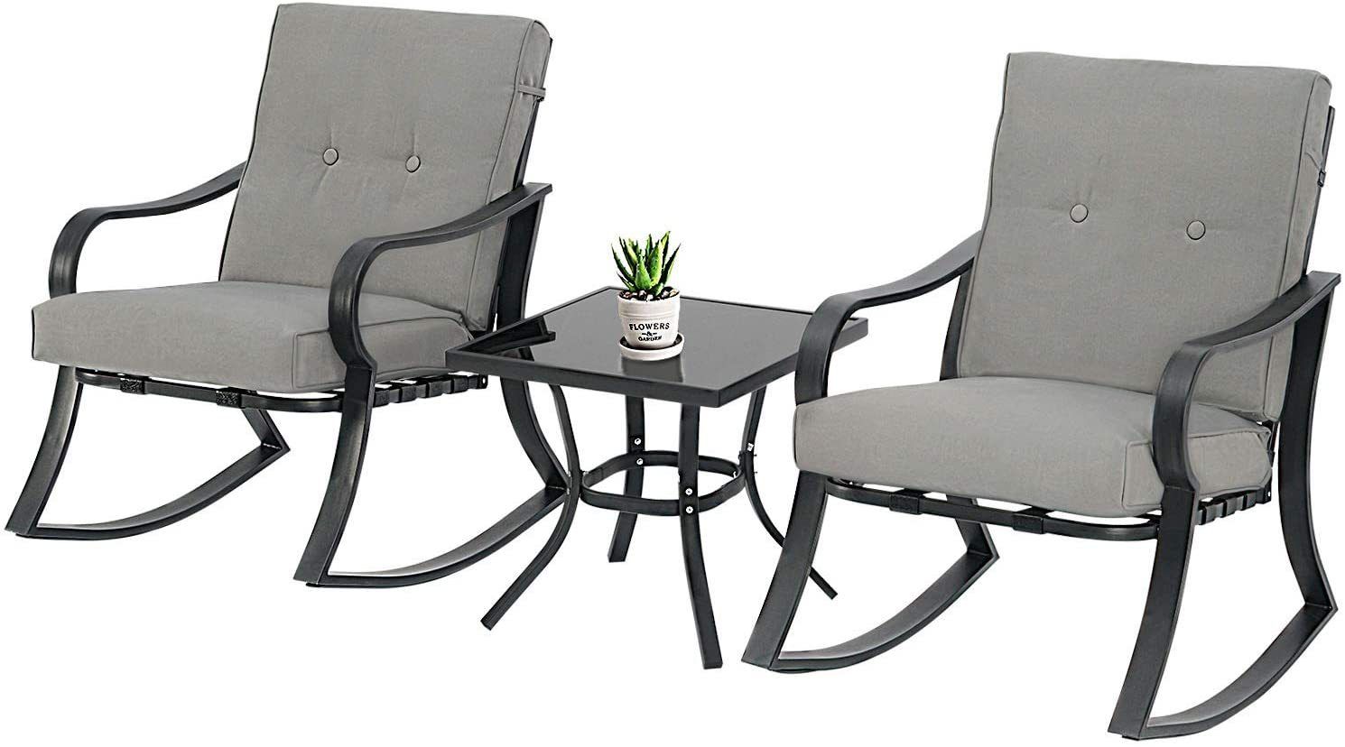 Classic Brands 3 Piece Outdoor Rocking Chairs Bistro Set Black Steel With Gray Wash Wood Porch Patio Chairs Sets (View 4 of 15)