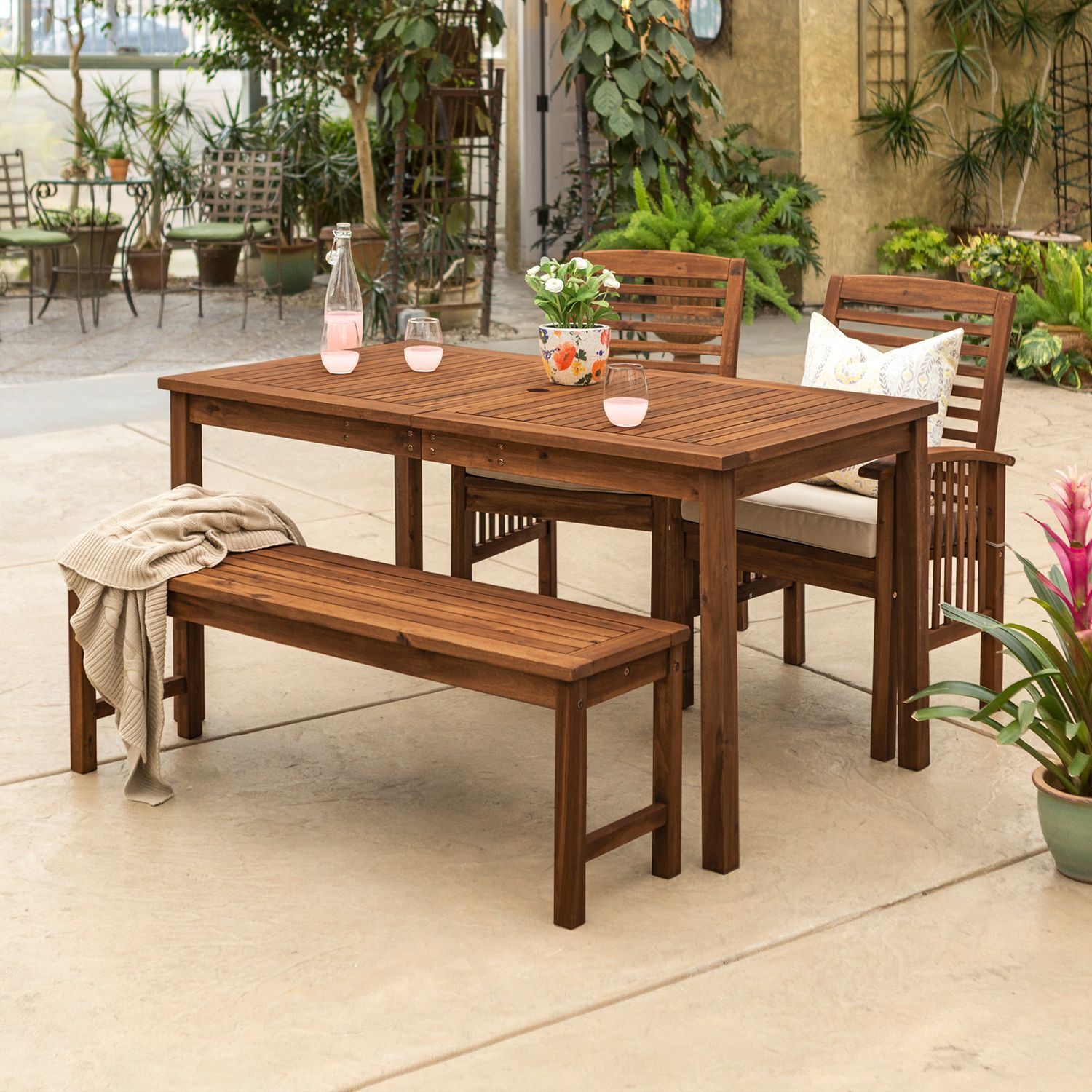 Classic Dark Brown Acacia Wood 4 Piece Patio Dining | Outdoor Dining Intended For Brown Acacia Patio Dining Sets (View 4 of 15)