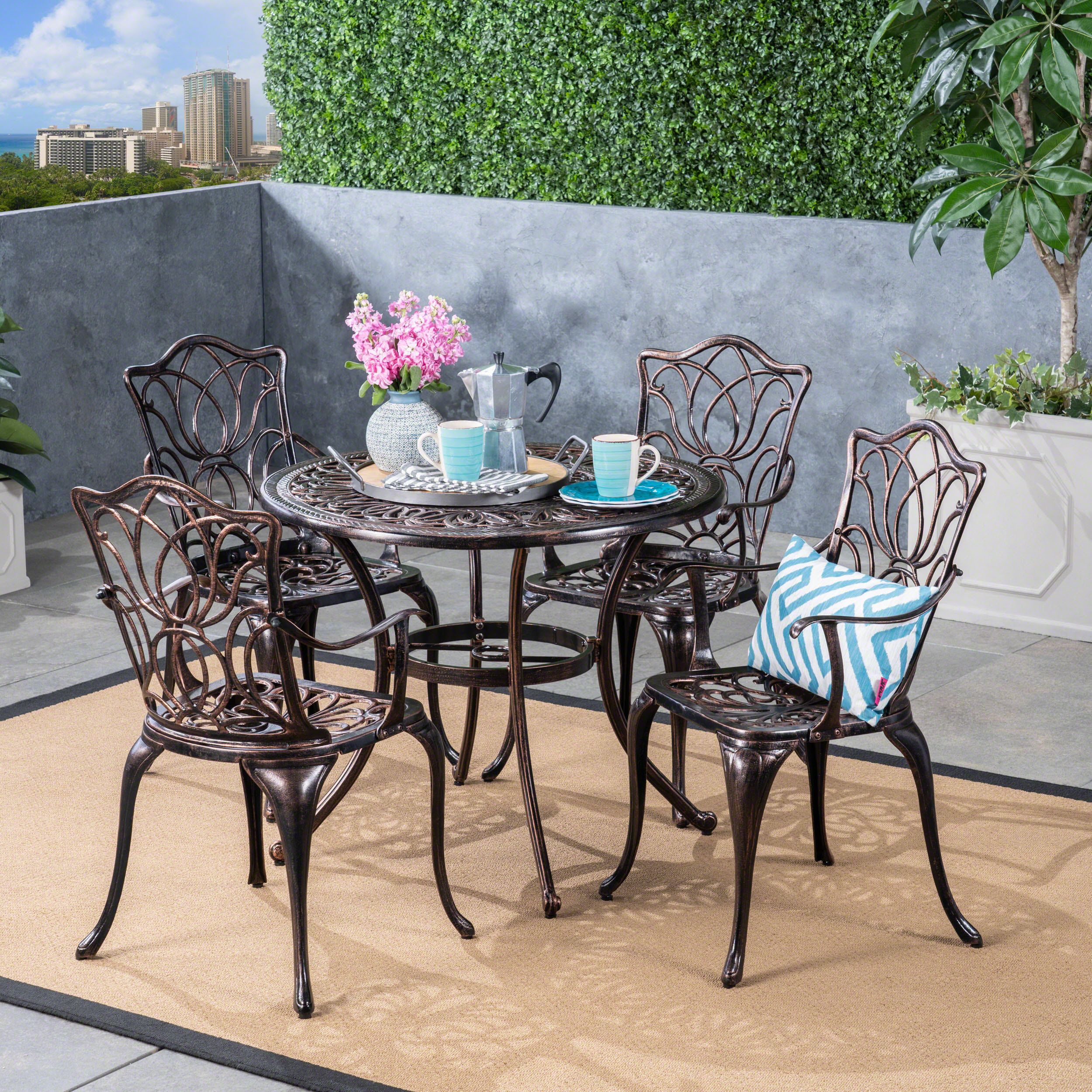Clayton Outdoor 5 Piece Cast Aluminum Round Table Dining Set, Shiny For 5 Piece Round Dining Sets (View 5 of 15)