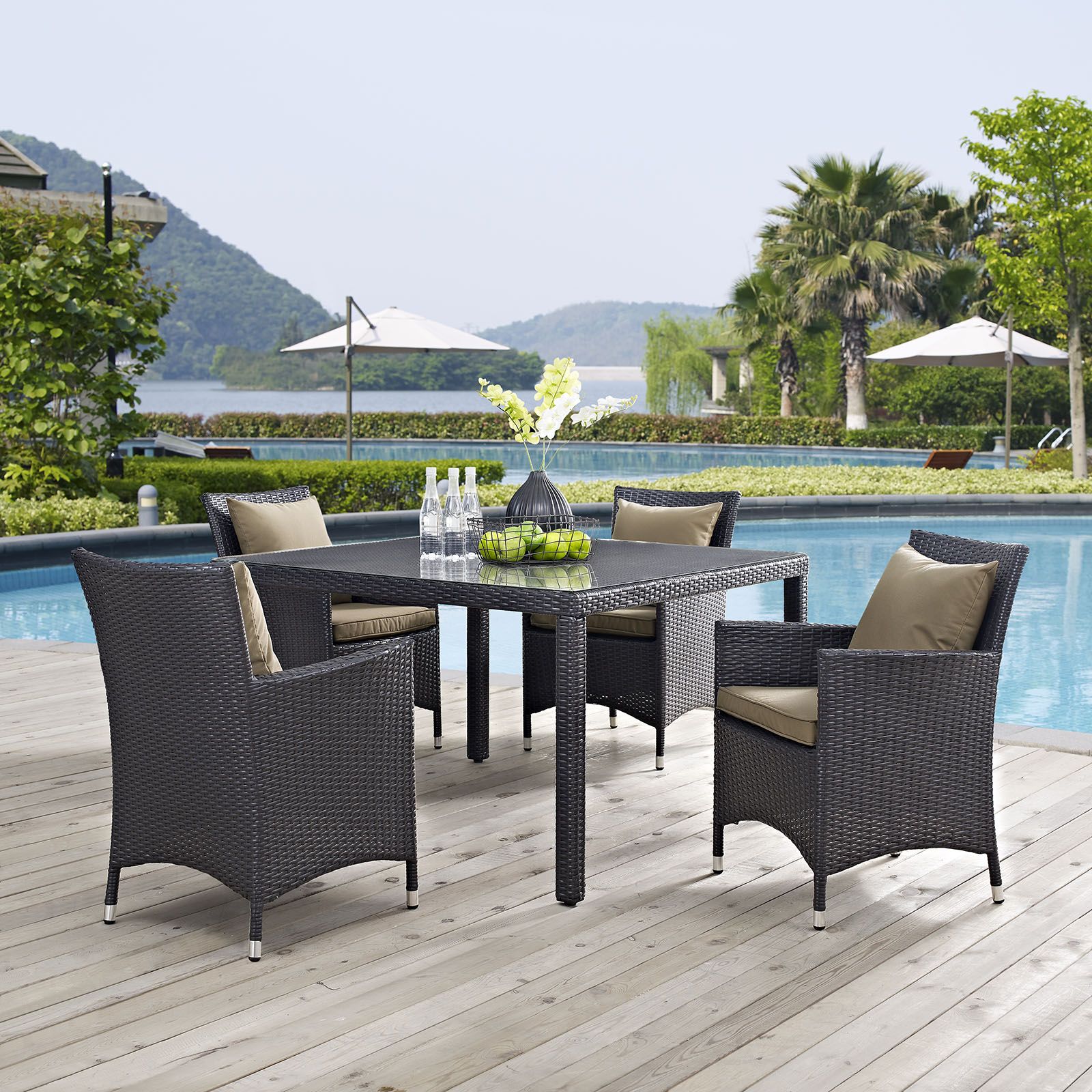 Convene 5 Piece Outdoor Patio Dining Set Espresso Mocha Arm Chairs Throughout Mocha Fabric Outdoor Wicker Armchair Sets (View 3 of 15)