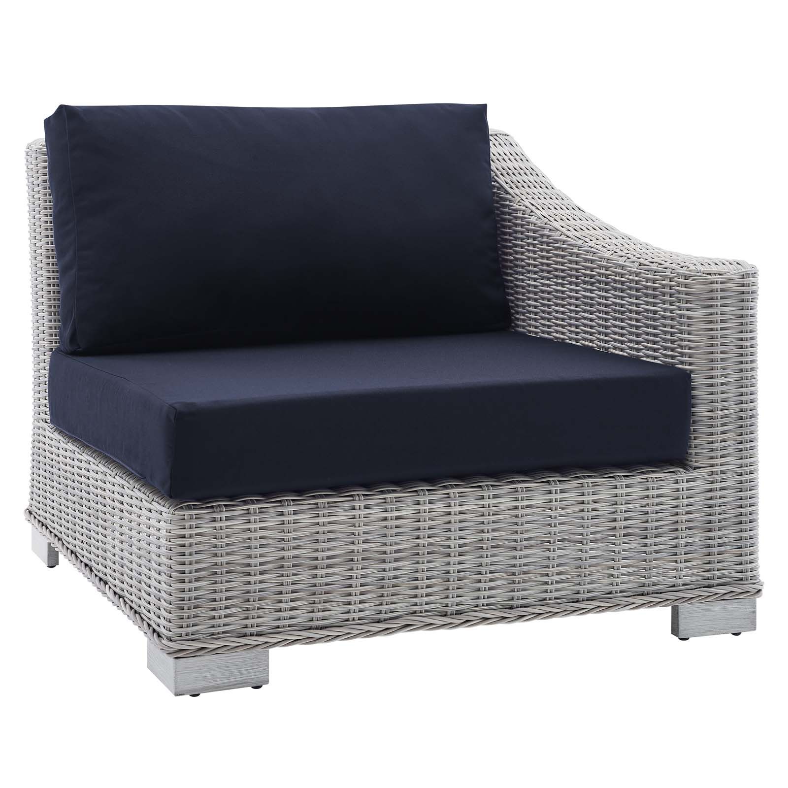 Conway Outdoor Patio Wicker Rattan Right Arm Chair Light Gray Navy Inside Fabric Outdoor Wicker Armchairs (View 1 of 15)