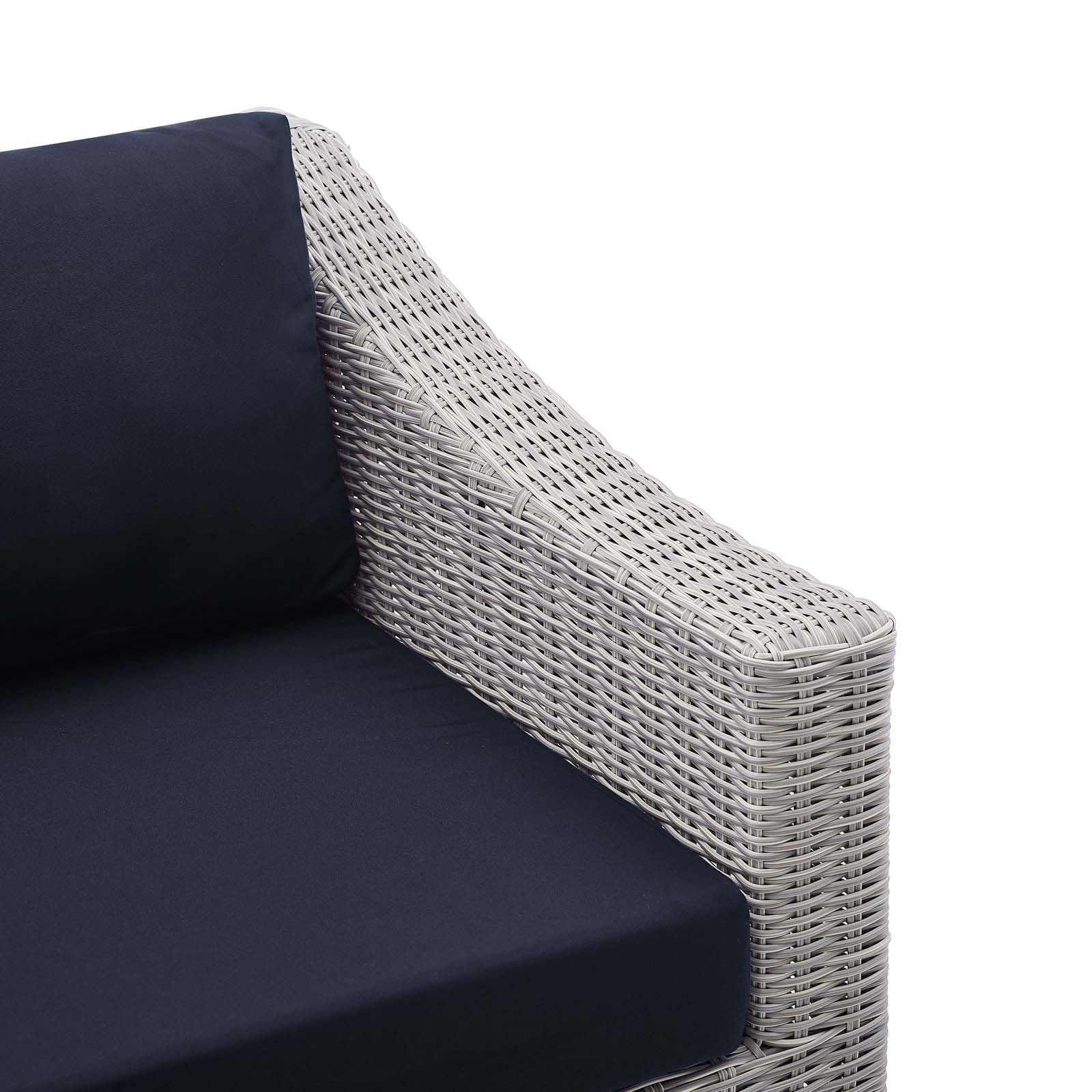 Conway Outdoor Patio Wicker Rattan Right Arm Chair Light Gray Navy Within Fabric Outdoor Wicker Armchairs (View 5 of 15)