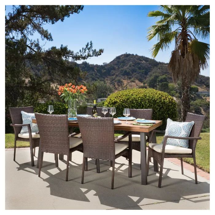 Cordella 7Pc Rectangle All Weather Wicker & Wood Patio Dining Set For Brown Wicker Rectangular Patio Dining Sets (View 10 of 15)